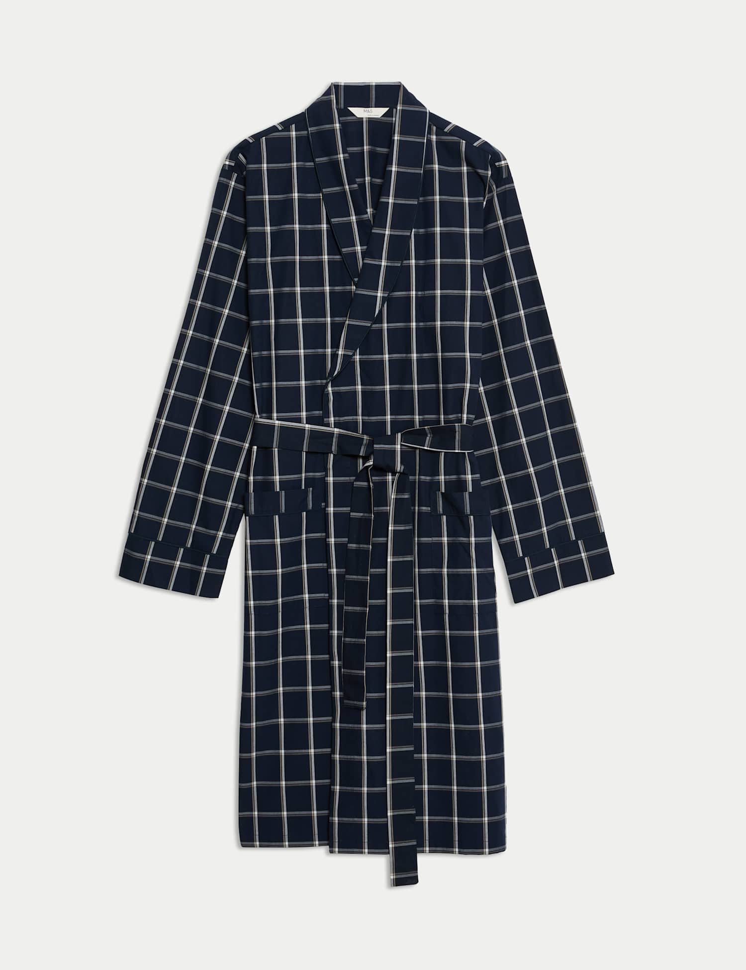 M&S Pure Cotton Checked Dressing Gown Navy Mix