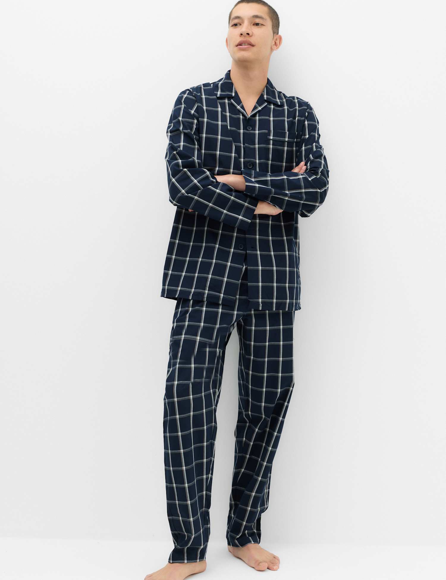 M&S Pure Cotton Checked Pyjama Set Navy