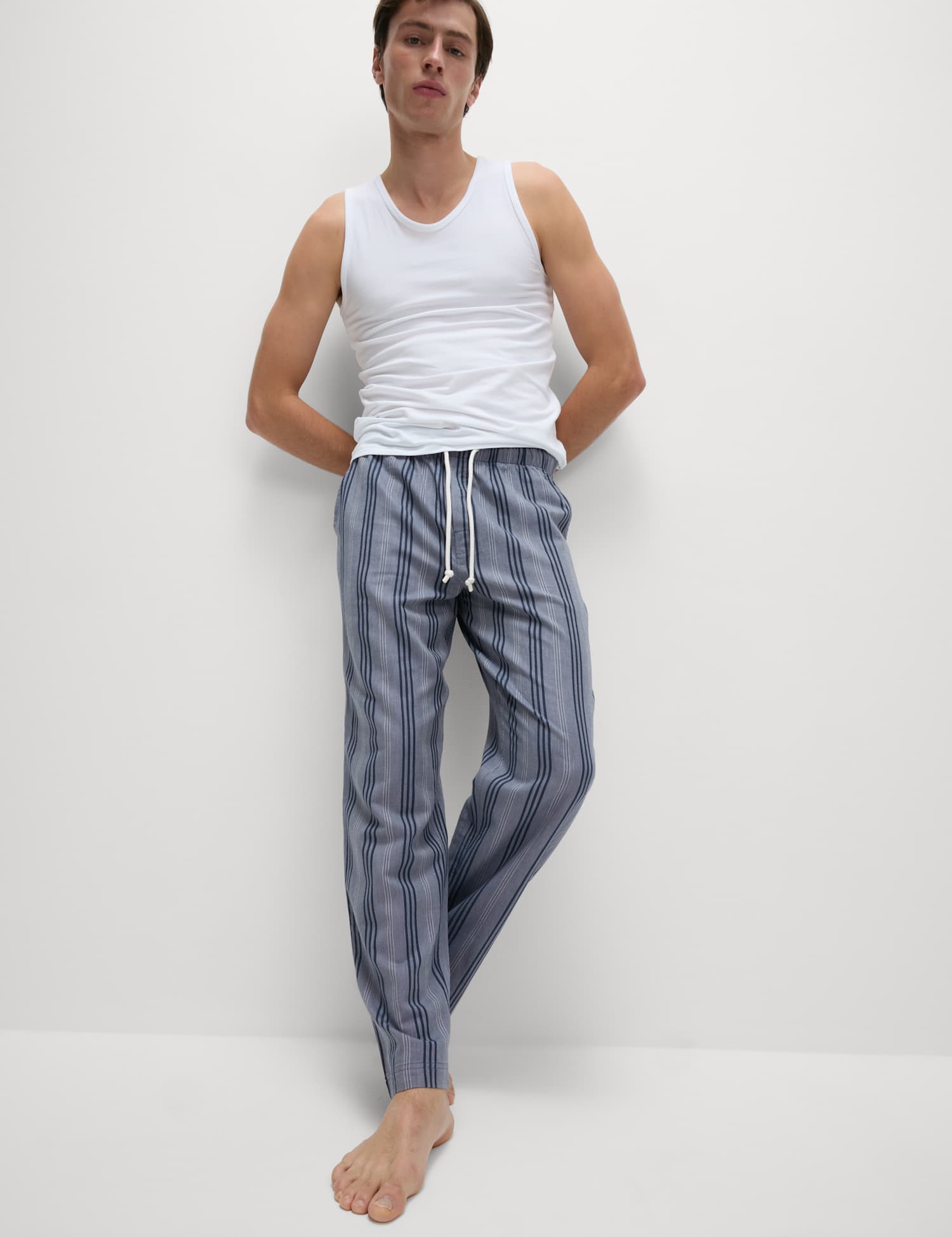 M&S Pure Cotton Striped Loungewear Bottoms Blue Mix