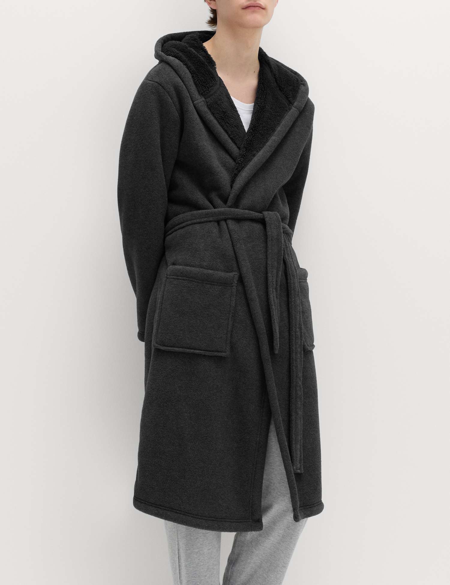 M&S Fleece Supersoft Hooded Dressing Gown Grey Mix