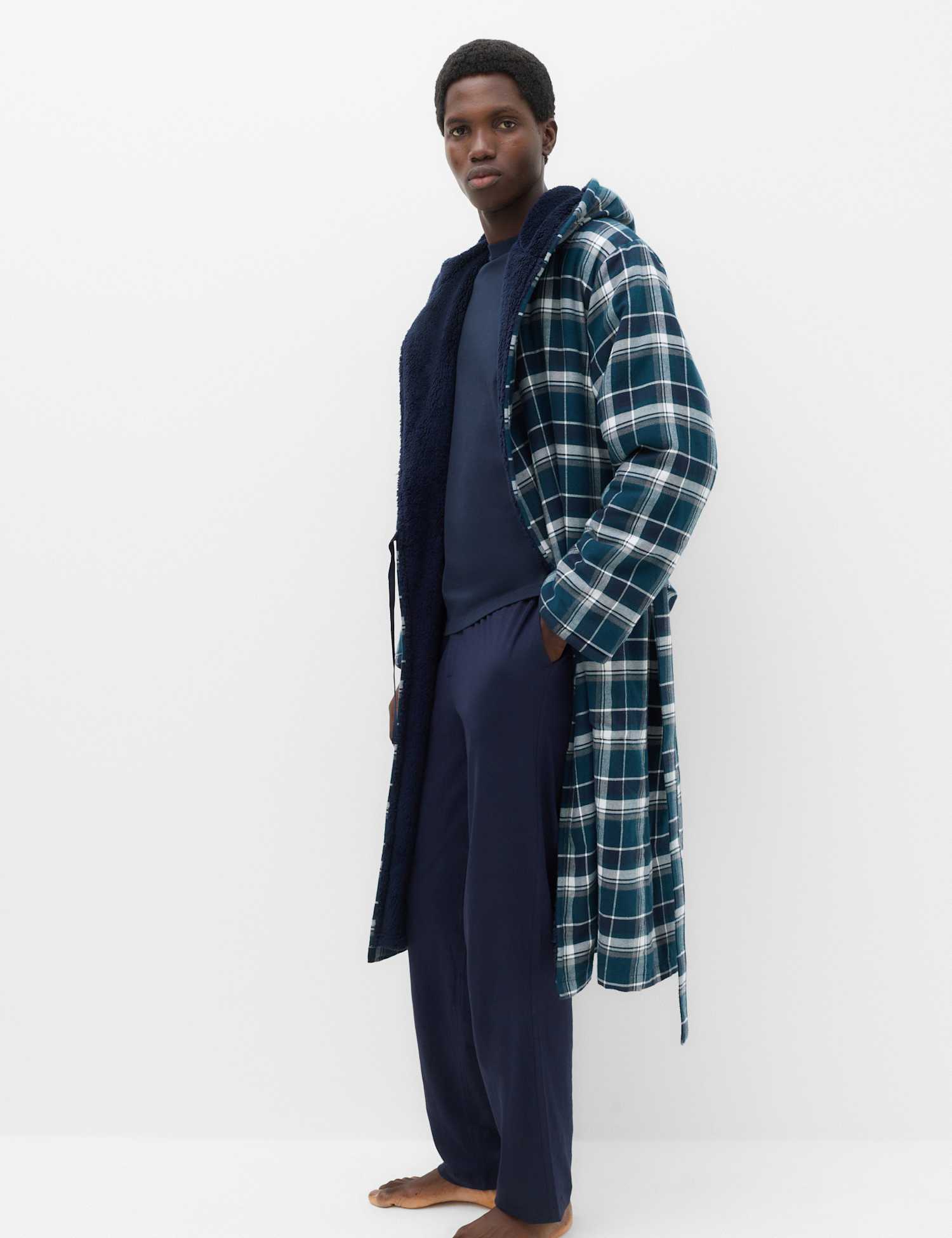 M&S Pure Cotton Bonded Checked Dressing Gown Green Mix