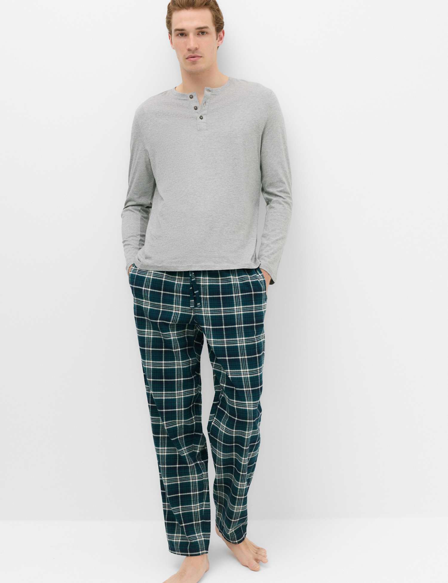 M&S Pure Cotton Henley Check Pyjama Set Grey Mix