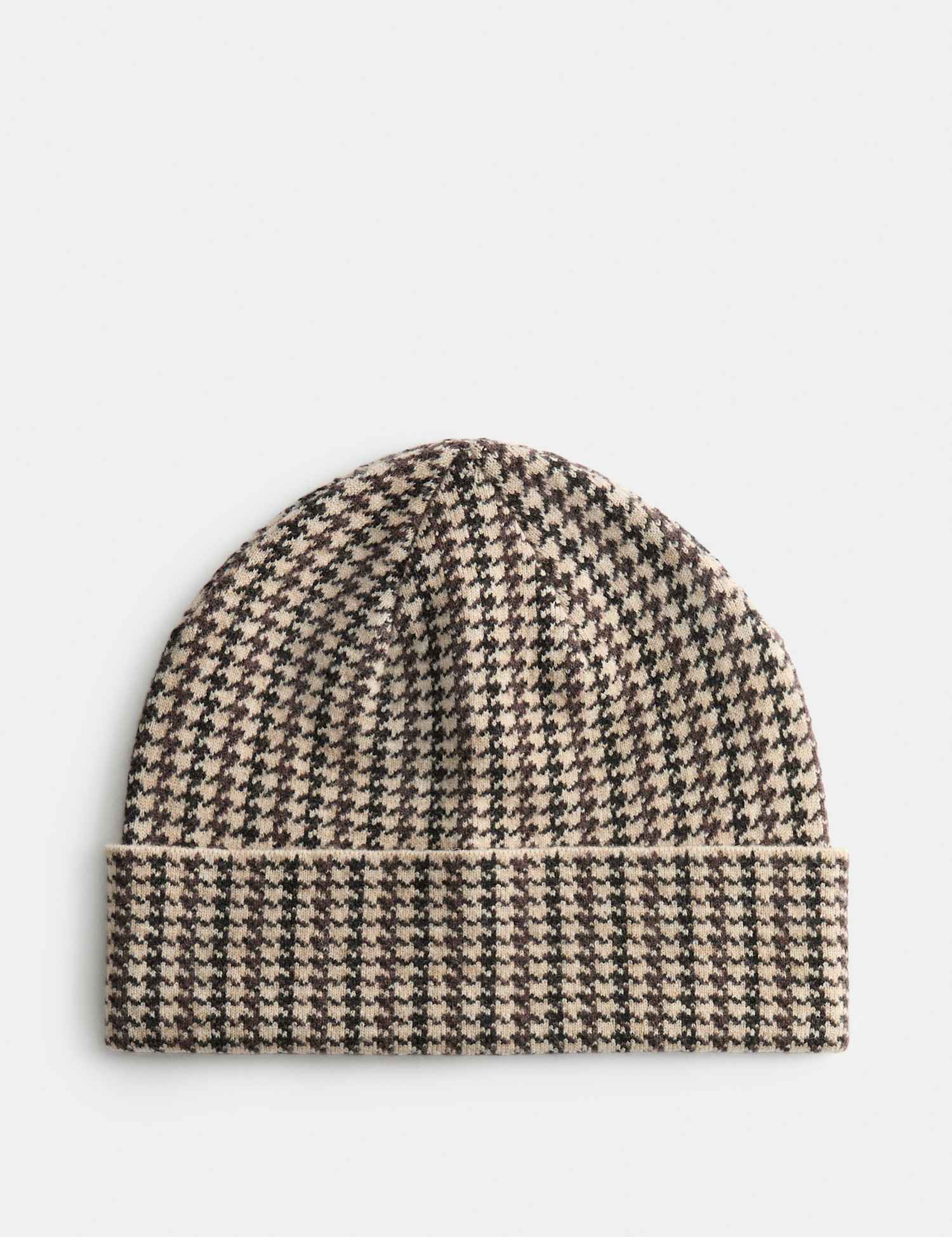 M&S Houndstooth Knitted Beanie Hat Brown Mix