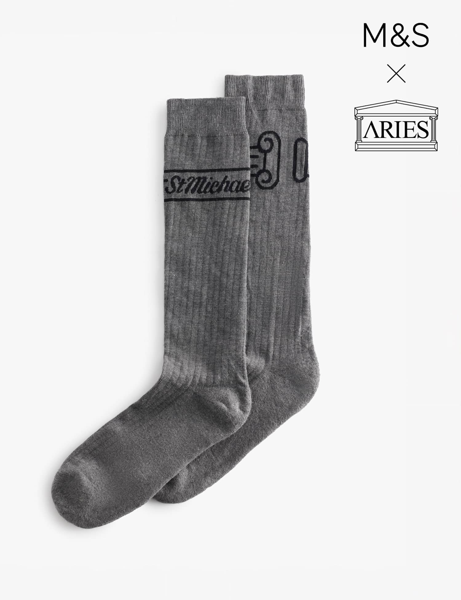 M&S x Aries Logo Pima Cotton Rich Ribbed Long Socks Grey Marl