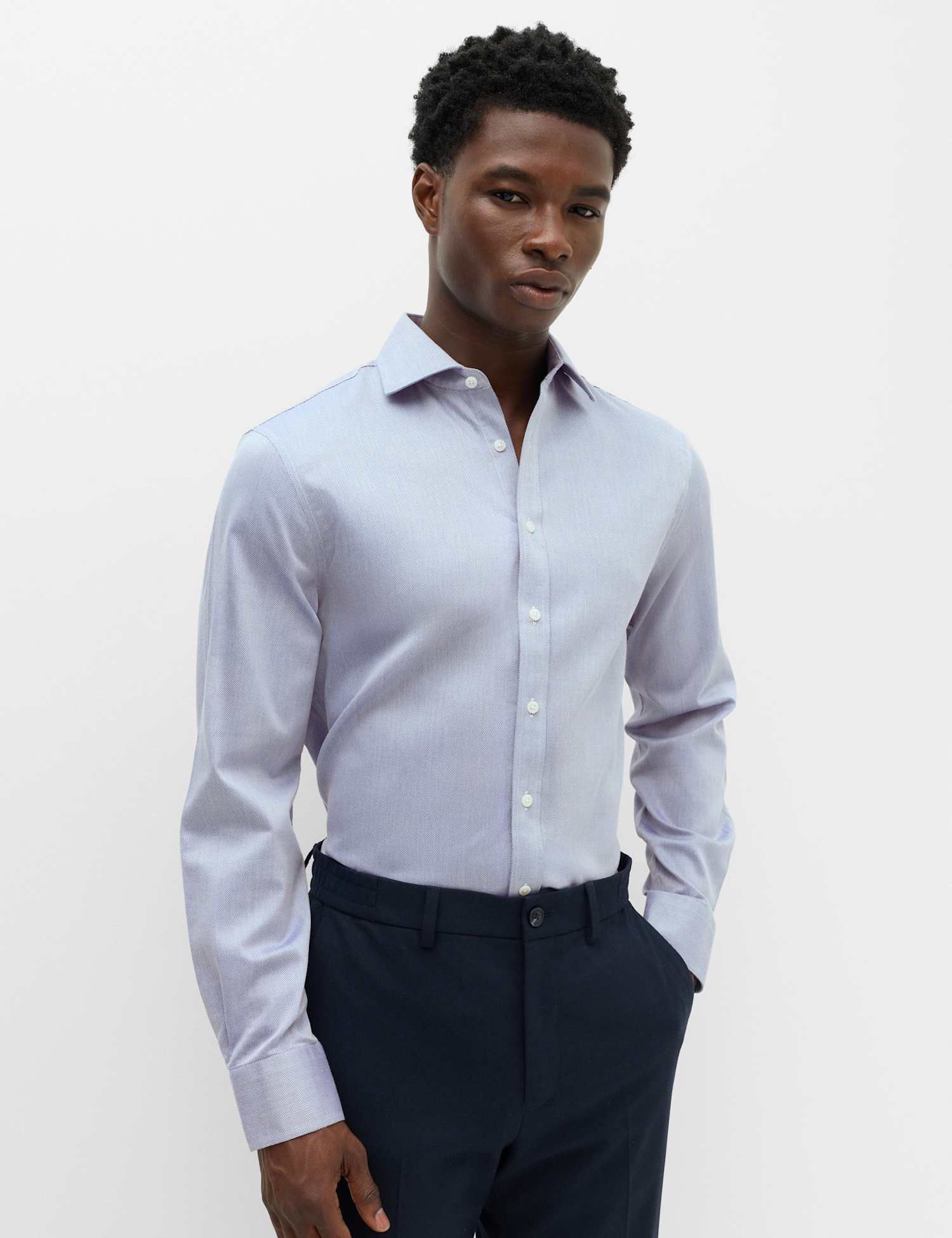 M&S Slim Fit Ultimate Non Iron Pure Cotton Textured Shirt Blue