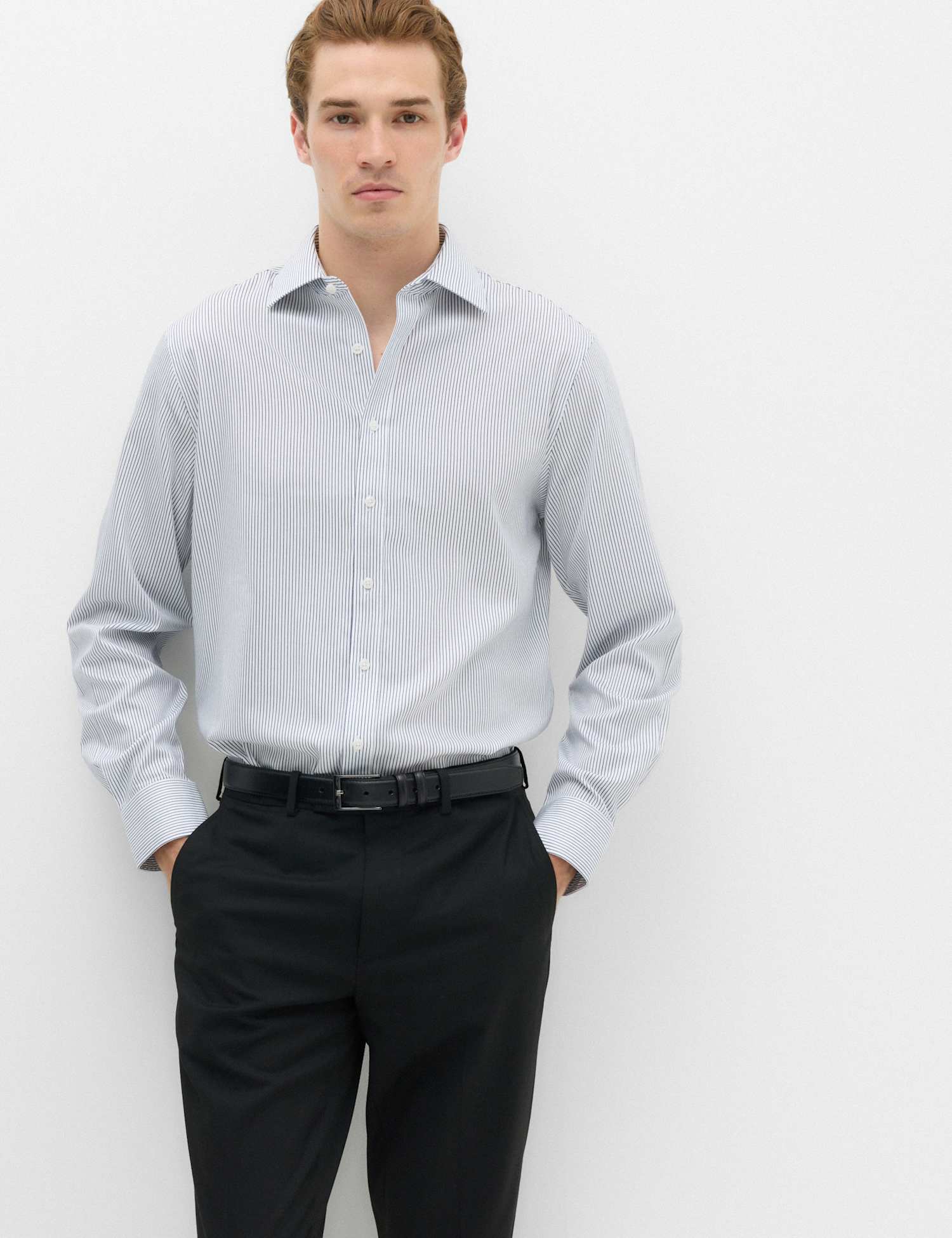M&S Regular Fit Ultimate Non Iron Cotton Striped Shirt White/Navy
