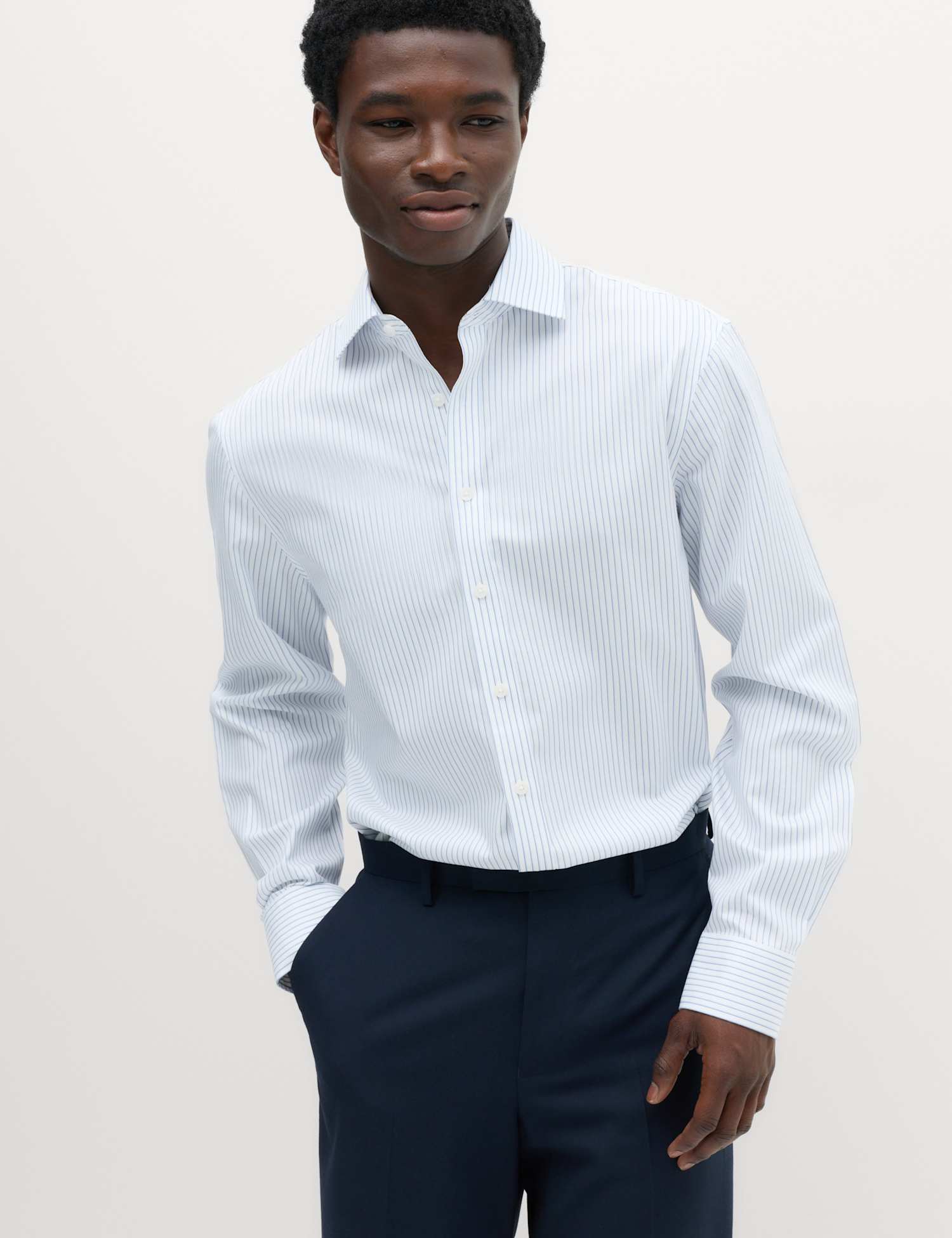 M&S Regular Fit UItimate Non Iron Pure Cotton Striped Shirt Blue Mix