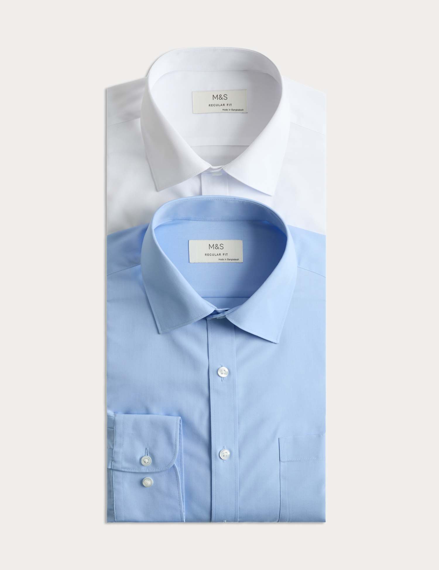 M&S 2 Pack Regular Fit Easy Iron Cotton Blend Shirts White/Med Blue