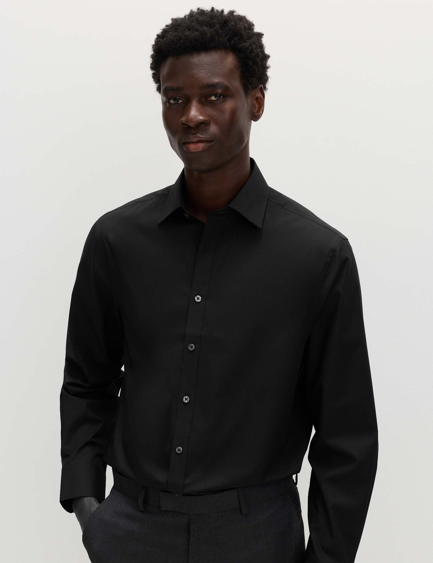M&S Regular Fit Easy Iron Cotton Blend Shirt Black