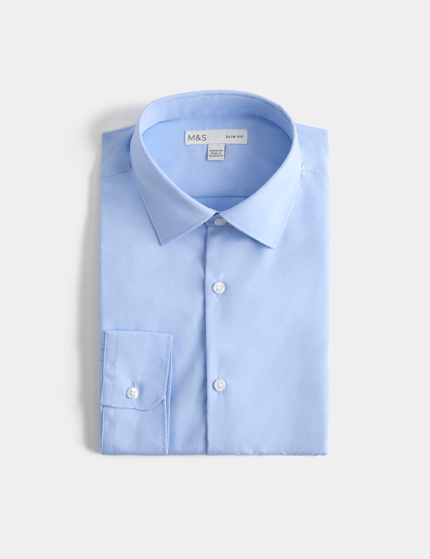 M&S Easy Iron Slim Fit 2 Inch Shorter Cotton Blend Shirt Mid Blue