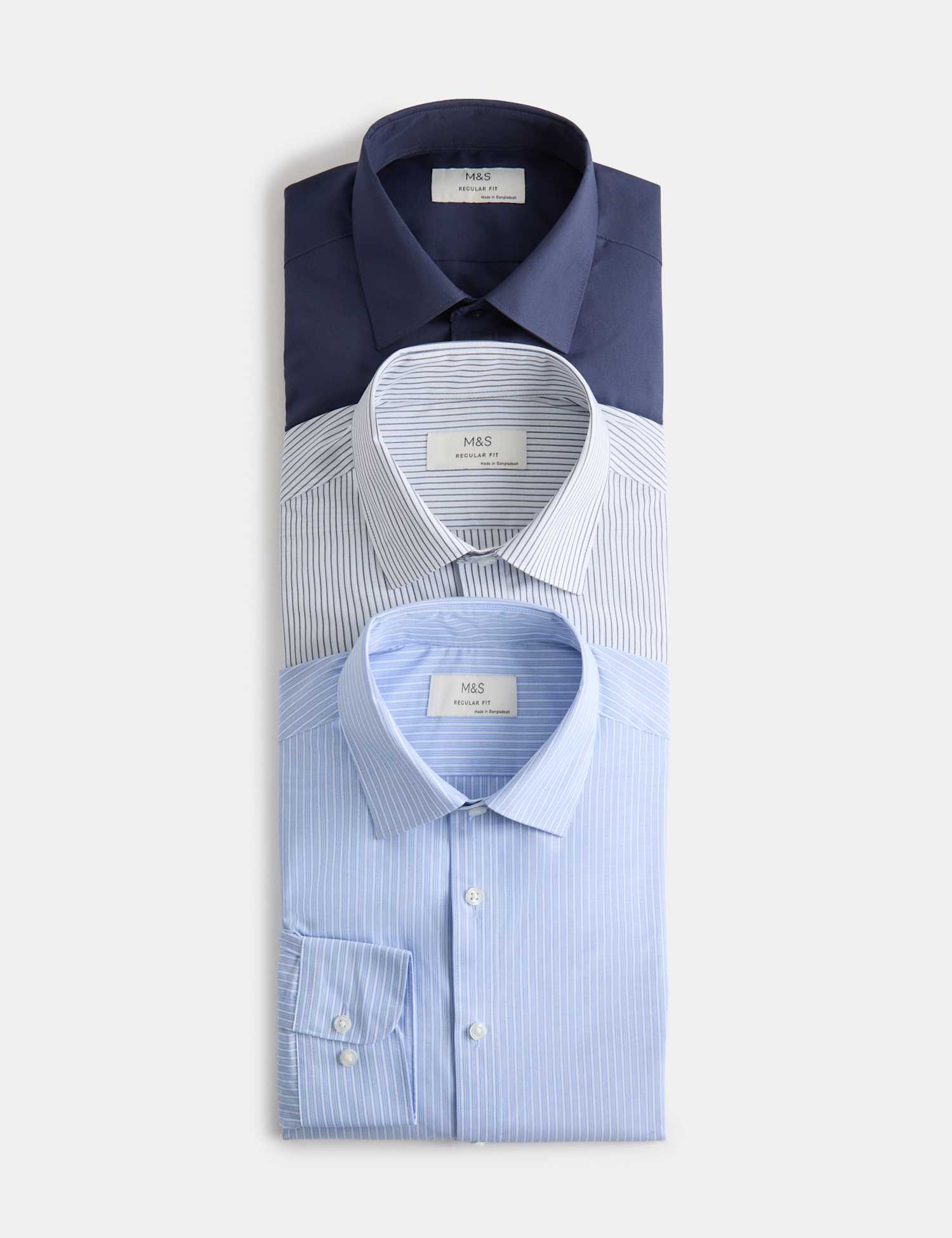 M&S 3 Pack Regular Fit Long Sleeve Shirts Blue Mix
