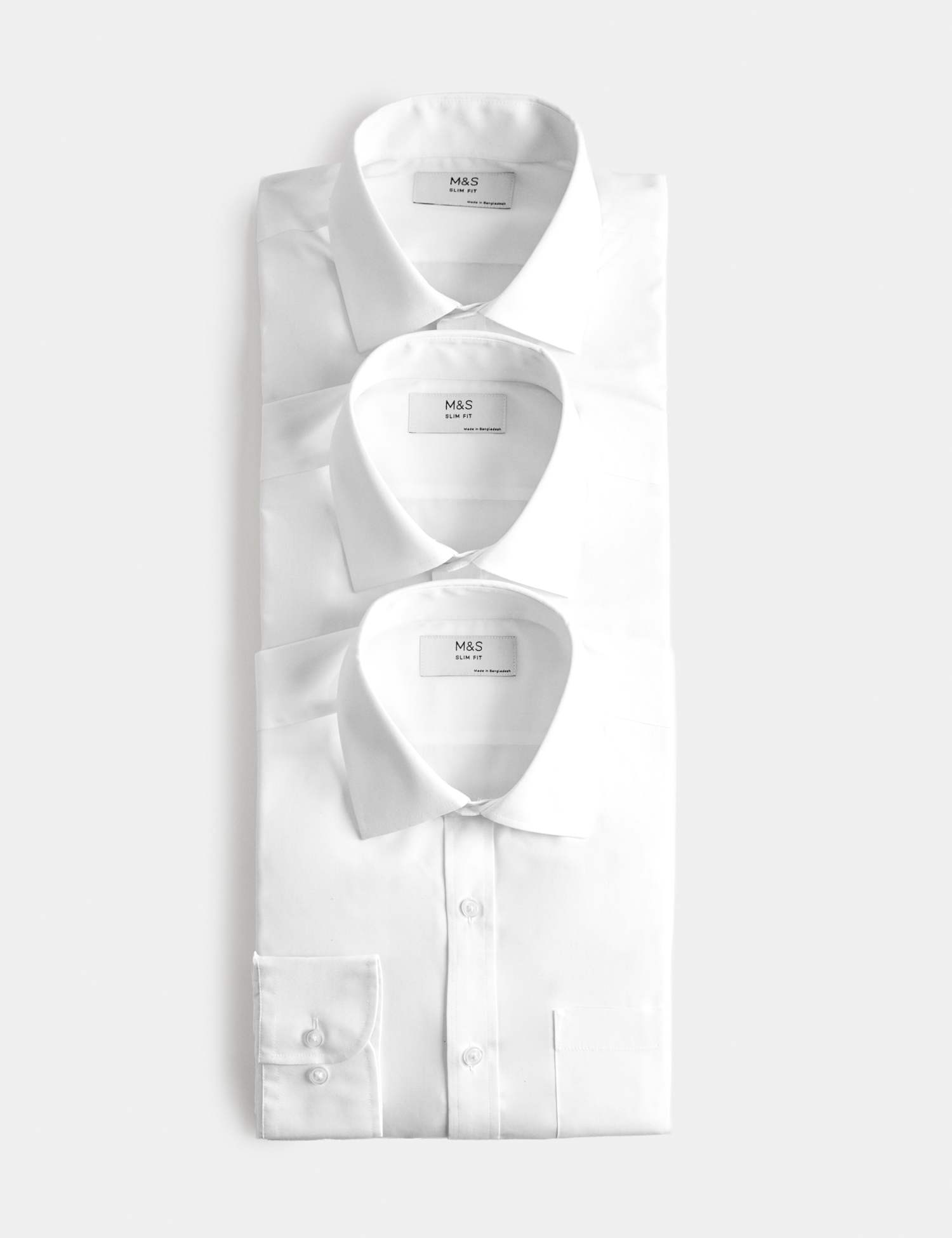M&S 2 Inch Shorter 3 Pack Slim Fit Easy Iron Long Sleeve Shirts White