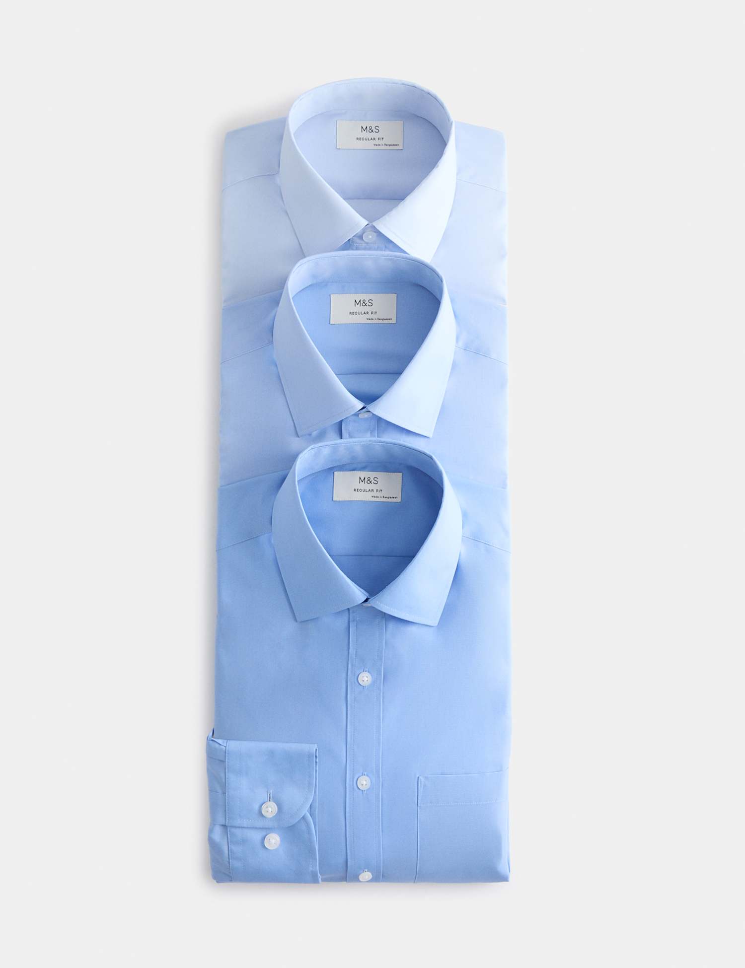 M&S 3 Pack Regular Fit Easy Iron Long Sleeve Shirts Blue Mix