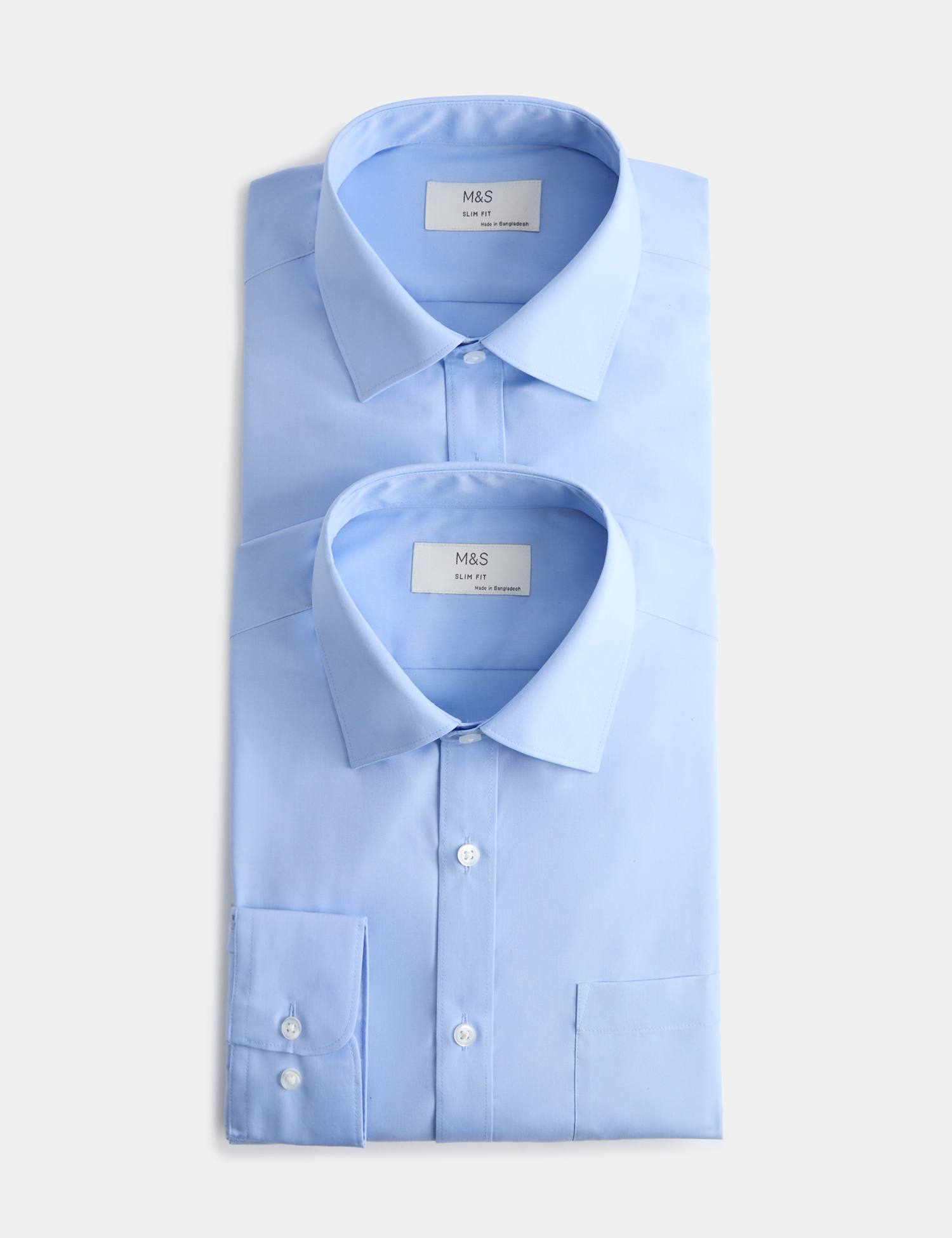 M&S 2 Pack Slim Fit Easy Iron Cotton Blend Shirts Mid Blue