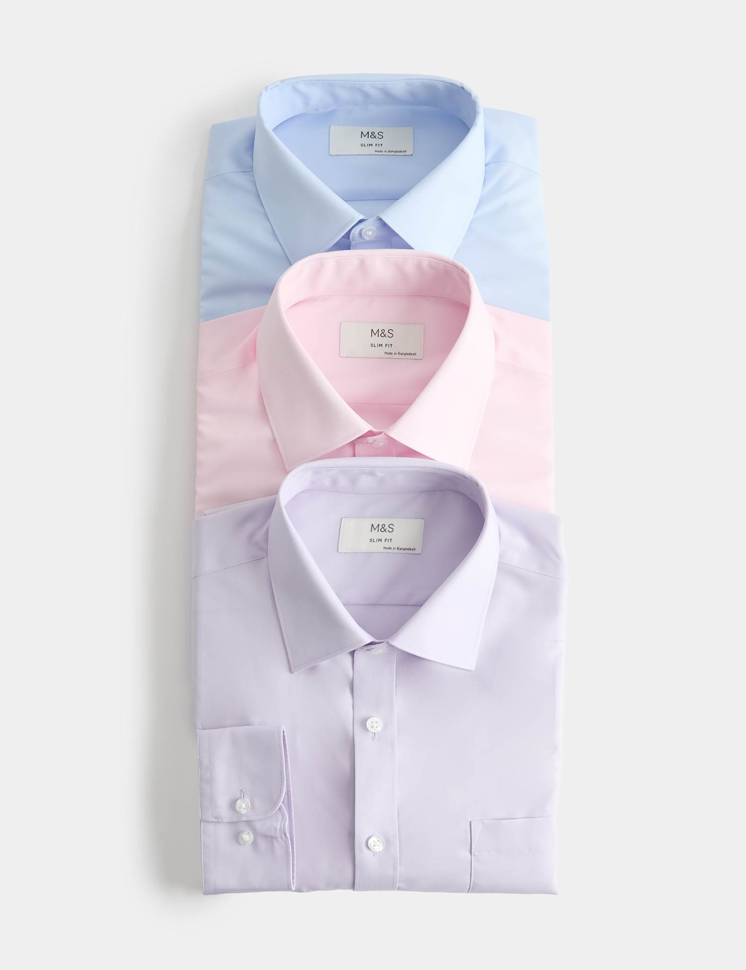 M&S 3 Pack Slim Fit Easy Iron Cotton Blend Pocket Shirts Lilac Mix