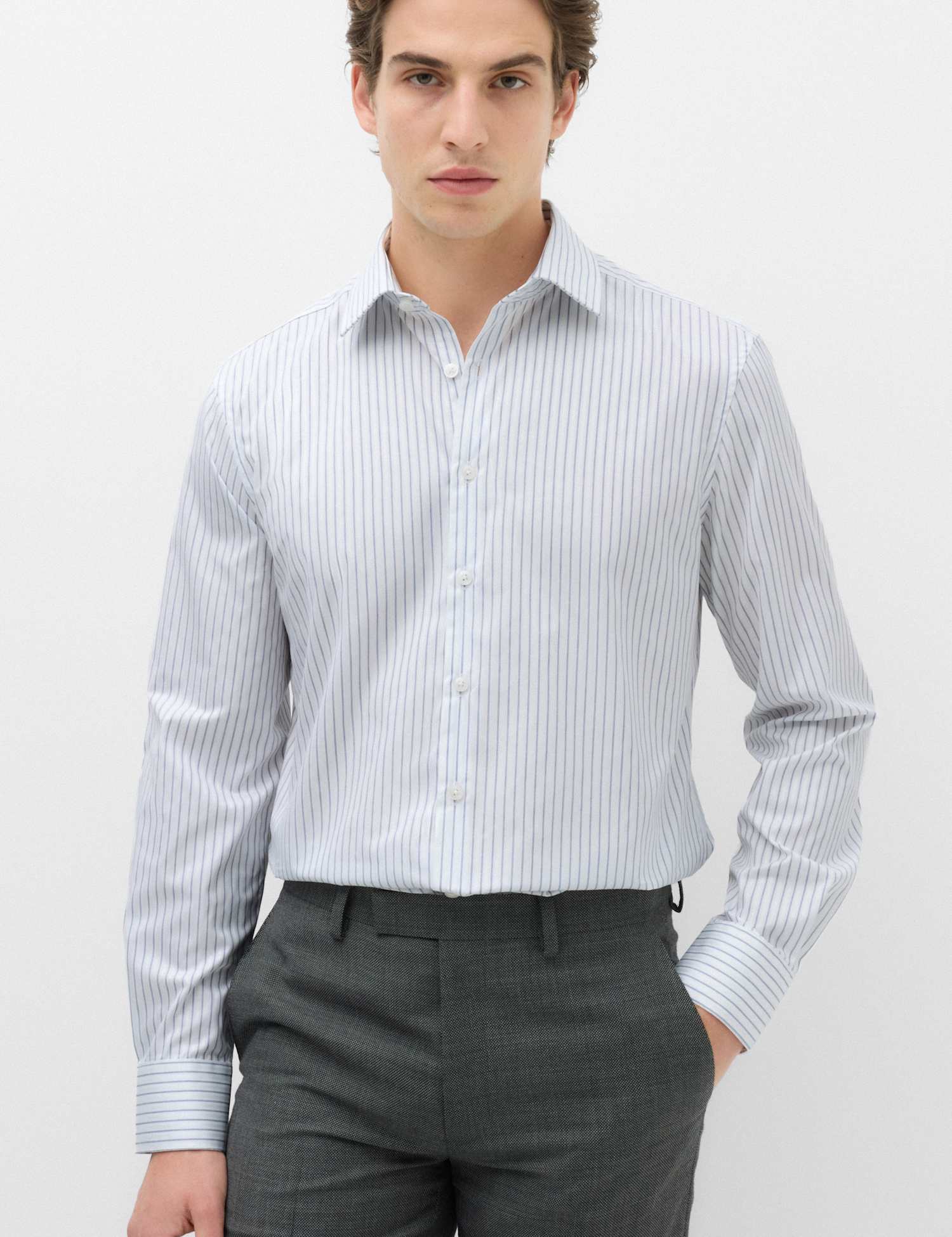 M&S SARTORIAL Slim Fit Pure Cotton Twill Striped Shirt White Mix