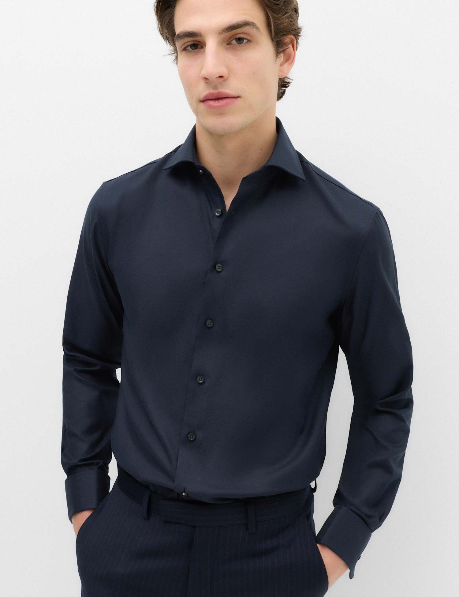 M&S SARTORIAL Slim Fit Luxury Cotton Double Cuff Twill Shirt Navy