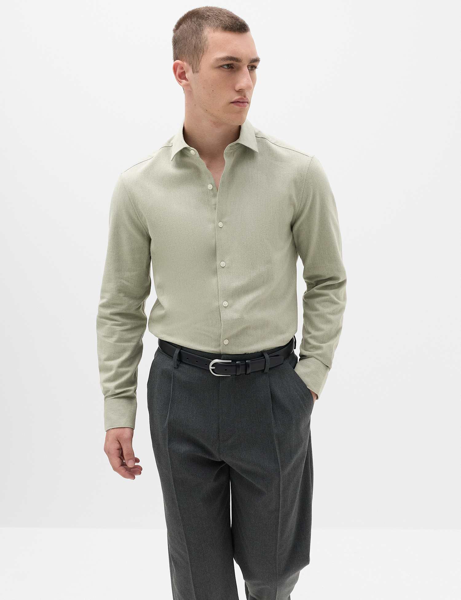 M&S Regular Fit Easy Iron Marl Shirt Green