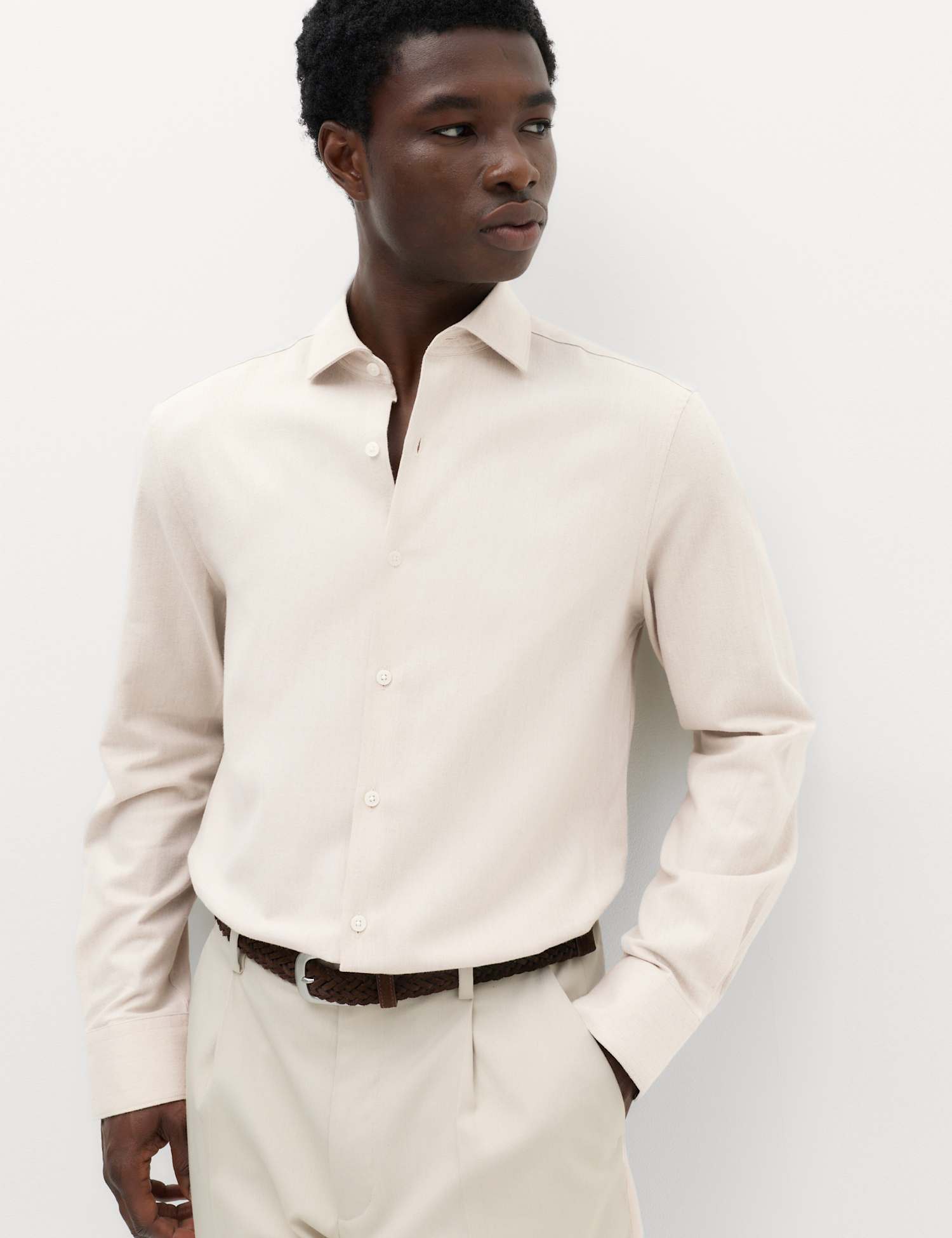 M&S Regular Fit Easy Iron Marl Shirt Neutral