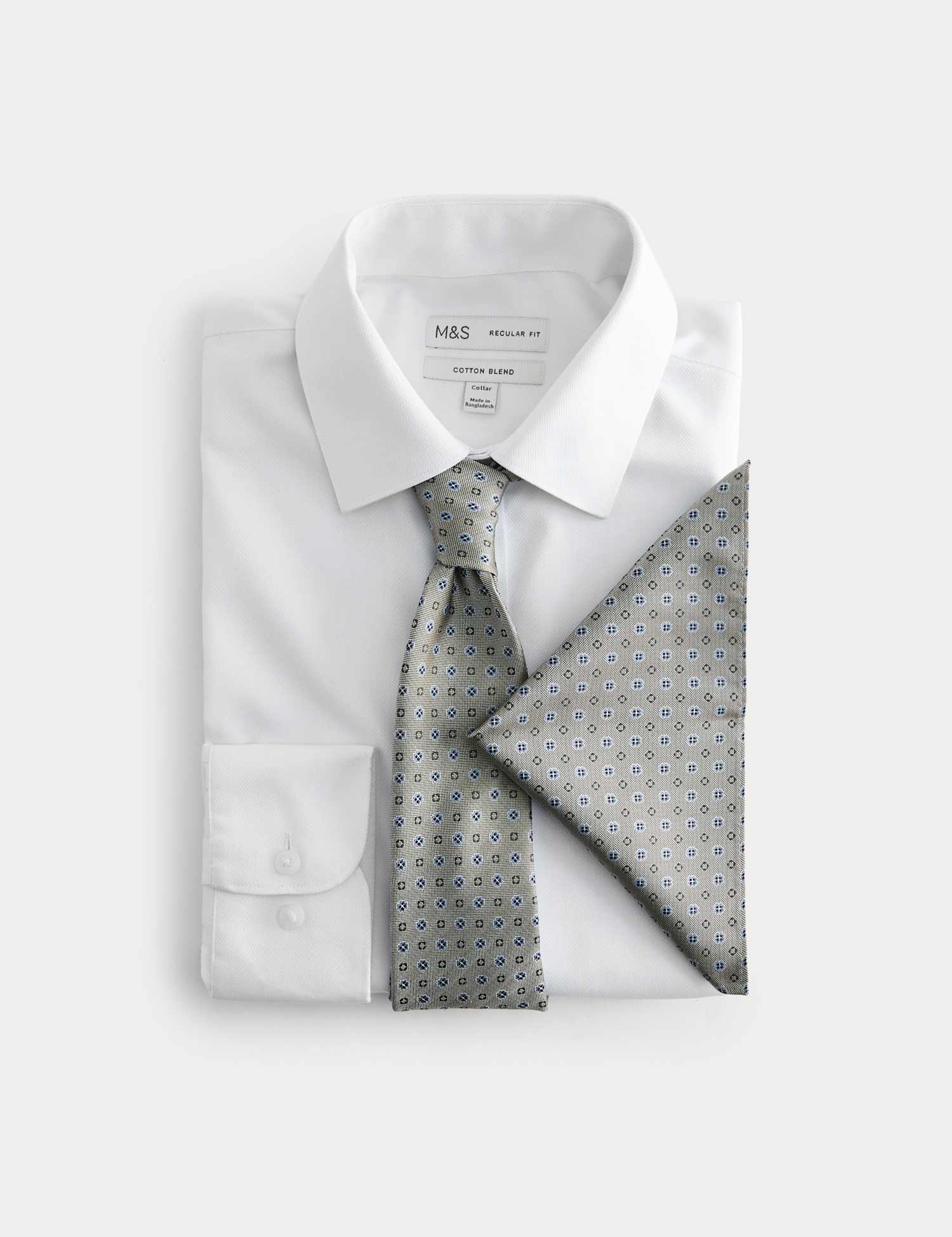 M&S 3 Piece Regular Fit Easy Iron Shirt & Tie Set Green Mix