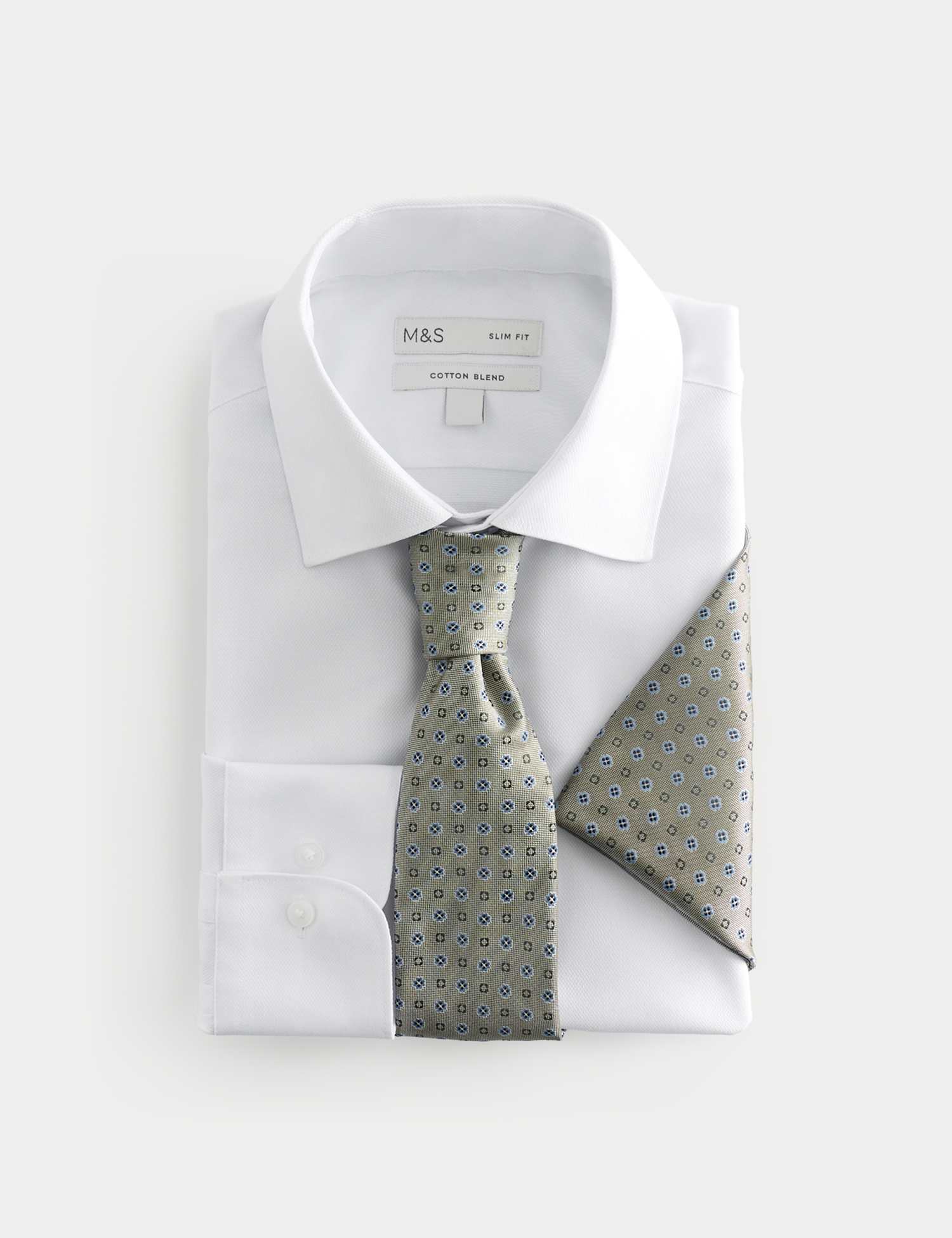 M&S 3 Piece Slim Fit Easy Iron Shirt & Tie Set Green Mix