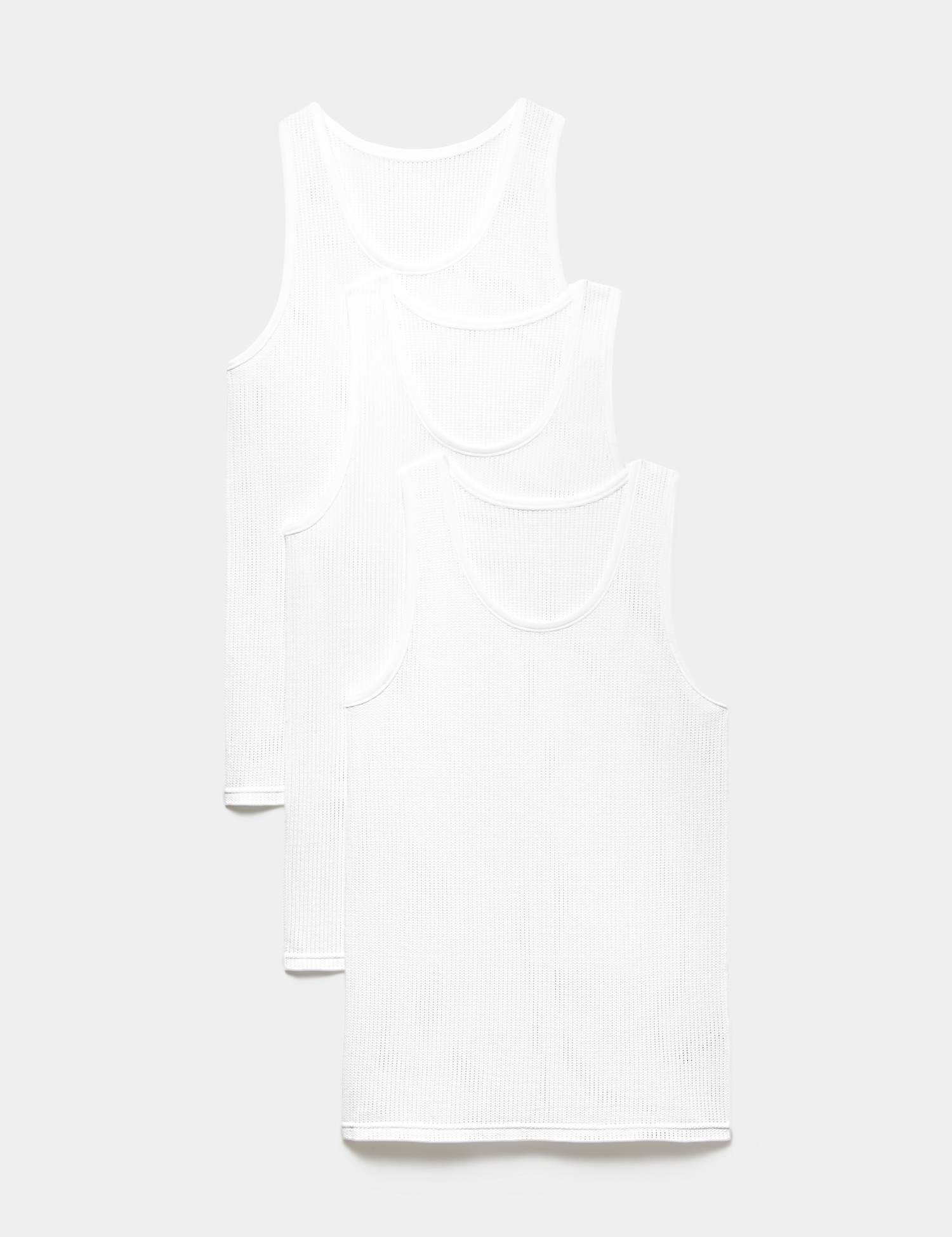 M&S 3 Pack Pure Cotton Classic Sleeveless Mesh Vests White
