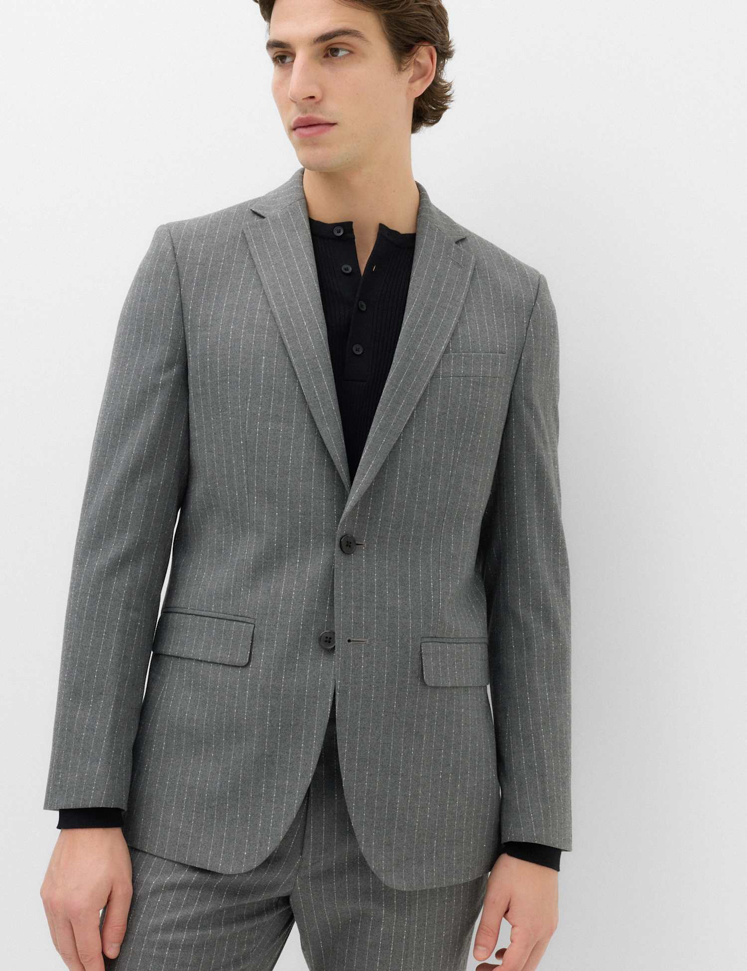 M&S Slim Fit Pin Stripe Stretch Suit Jacket Dark Grey