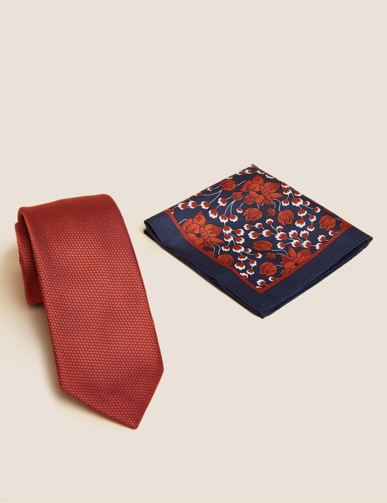 M&S Floral Tie & Pocket Square Set Rust