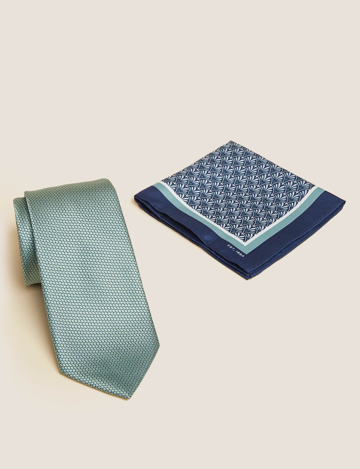 M&S Slim Geometric Tie & Pocket Square Set Mint
