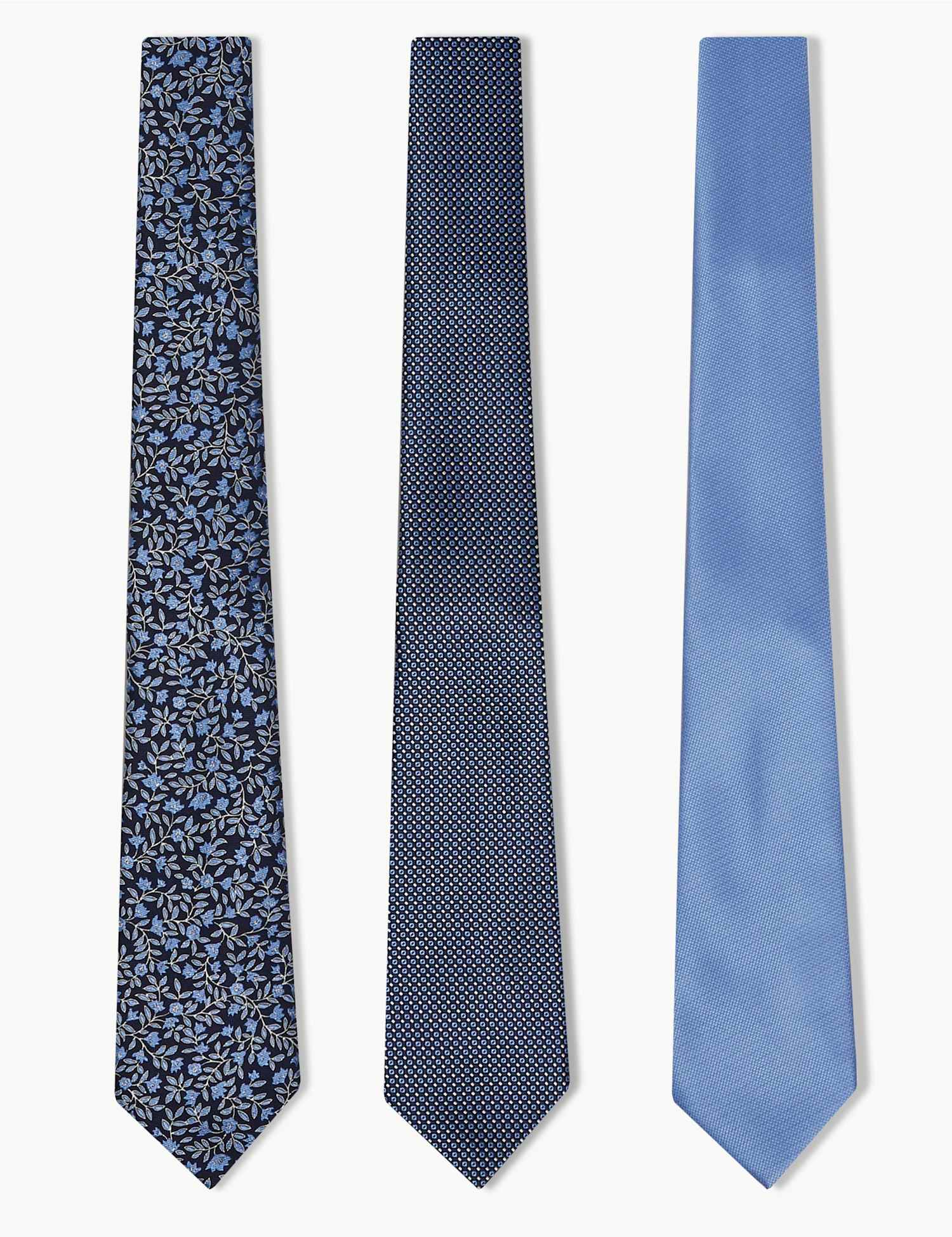M&S 3 Pack Polka Dot & Floral Ties Blue Mix