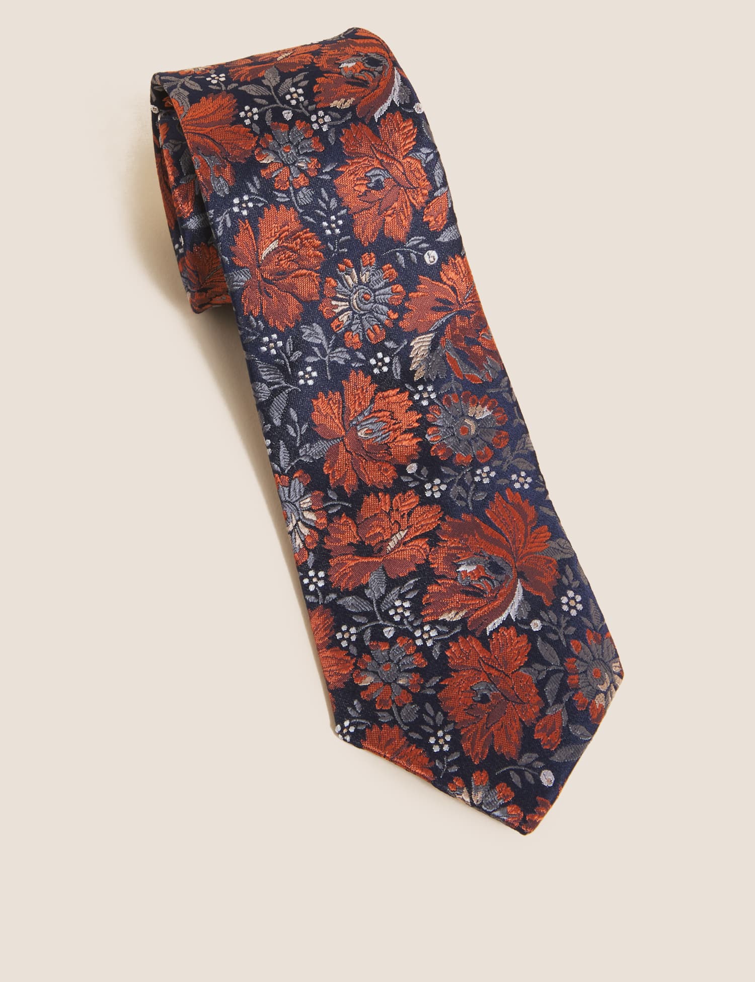 M&S Slim Floral Pure Silk Tie Navy Mix