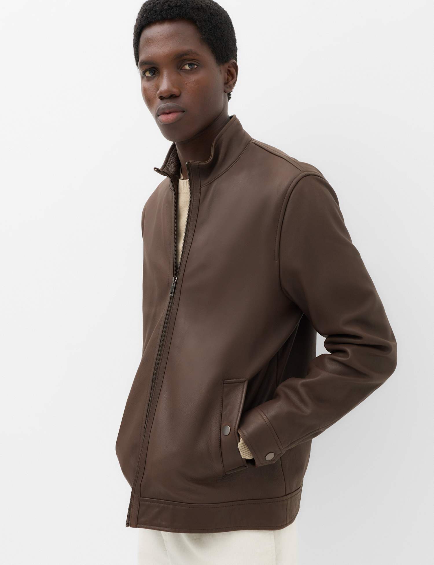 M&S Funnel Neck Leather BikerJacket Dark Brown