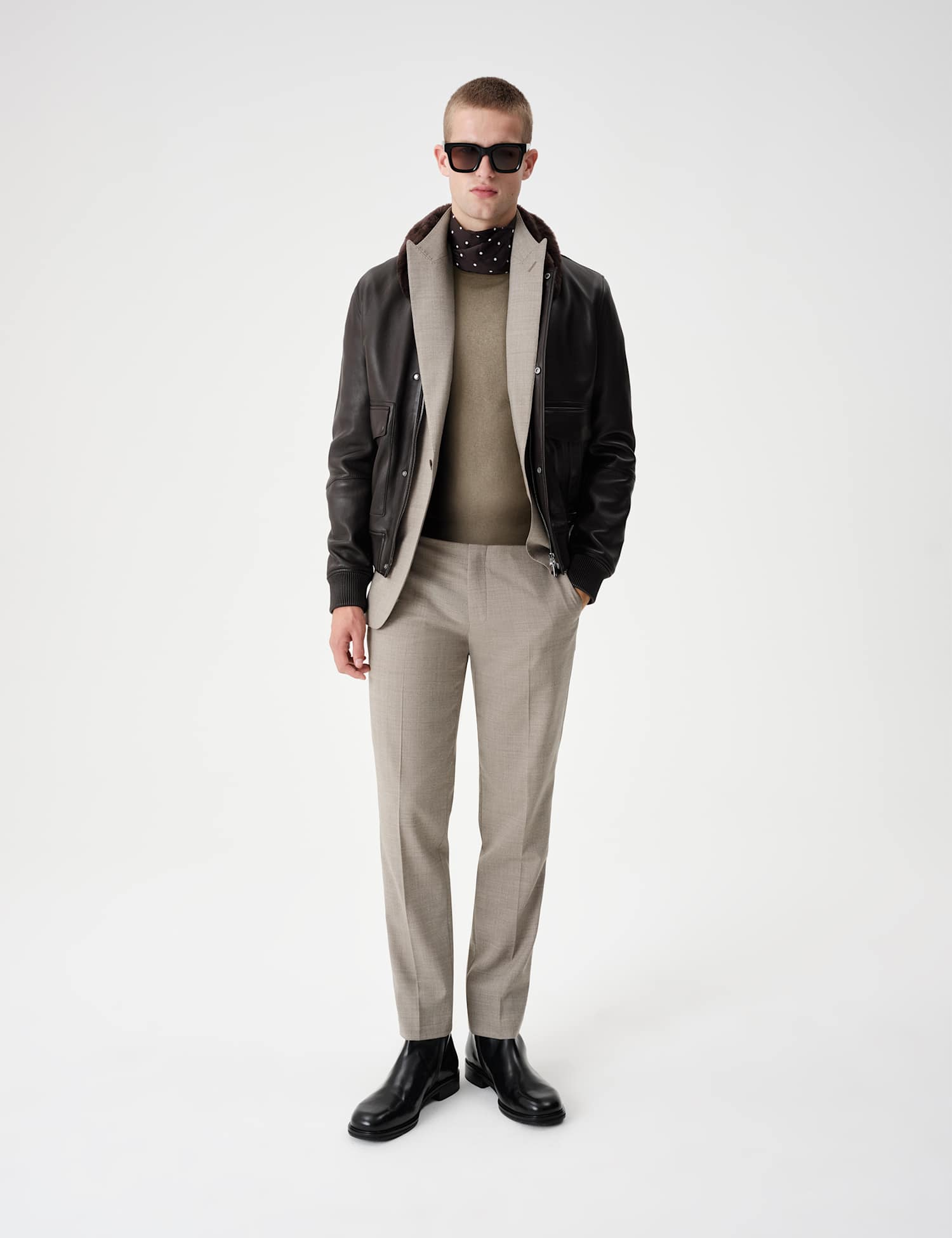 Autograph Leather Shearling Collar Bomber Jacket Bitter Chocolate