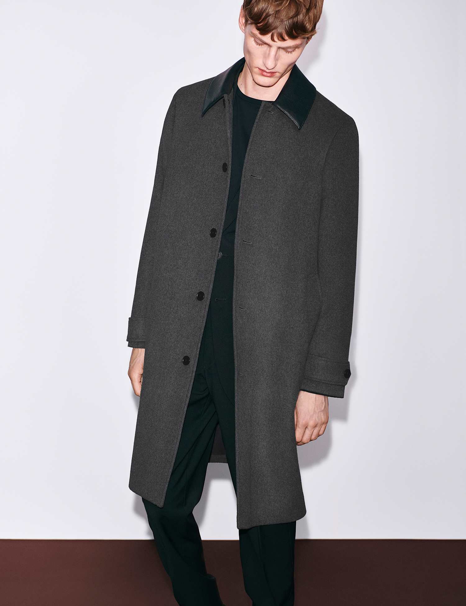 Autograph Wool Blend Contrast Collar Car Coat Granite