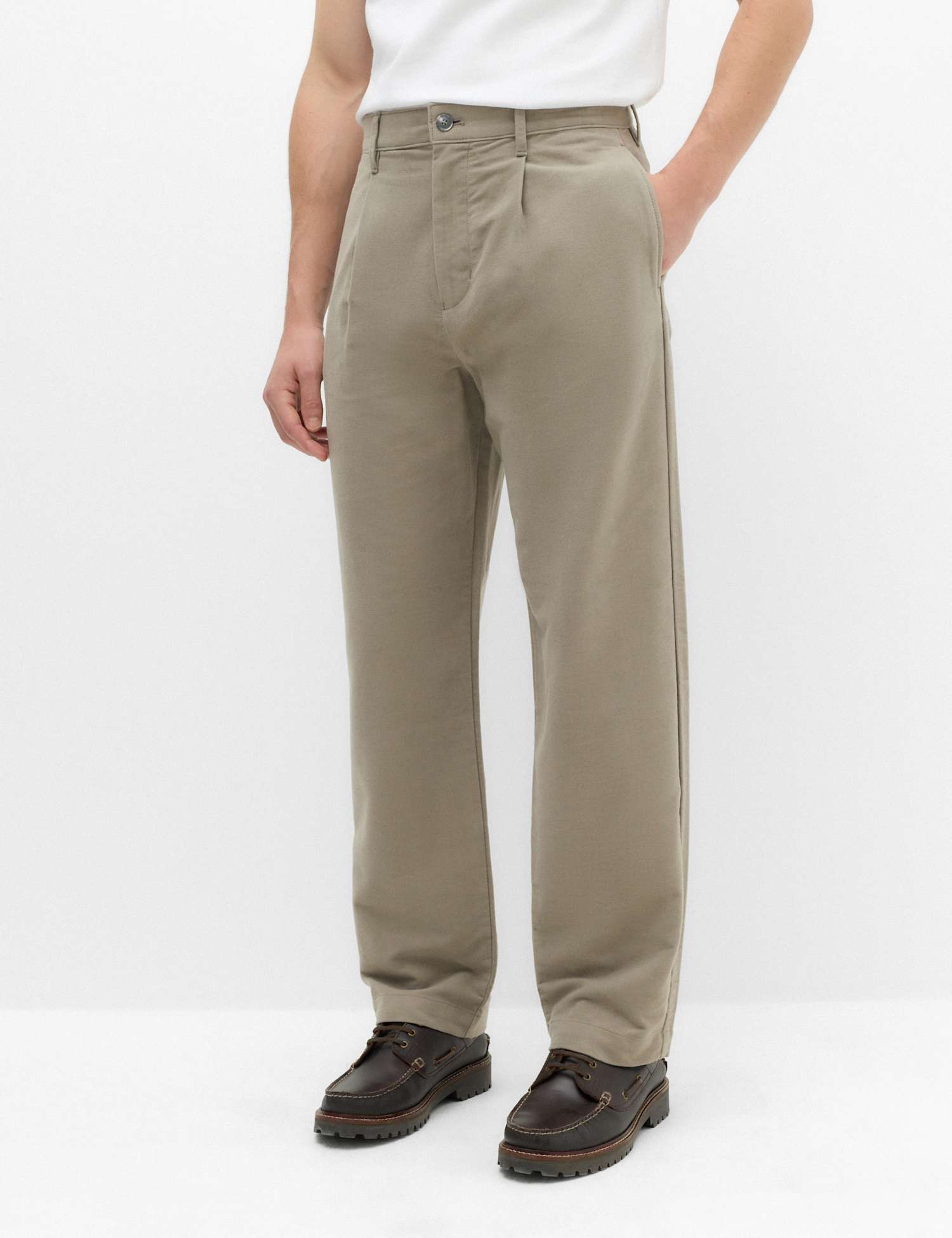 M&S Relaxed Fit Cotton Rich Moleskin Pleat Trousers Clay