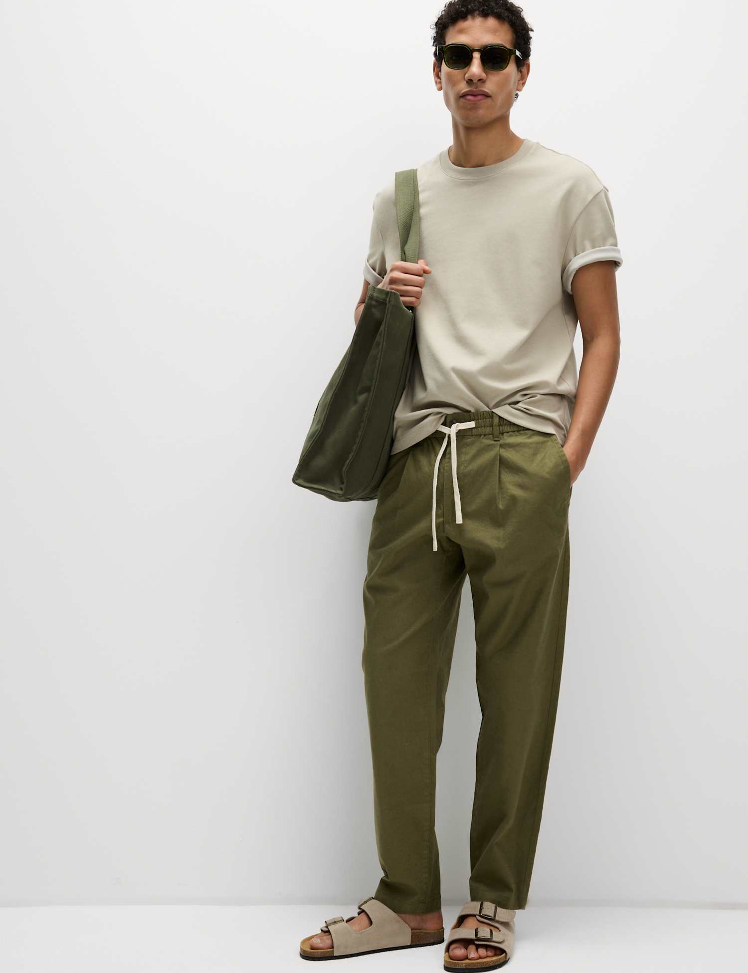 M&S Tapered Fit Cotton Linen Blend Elasticated Trousers Khaki