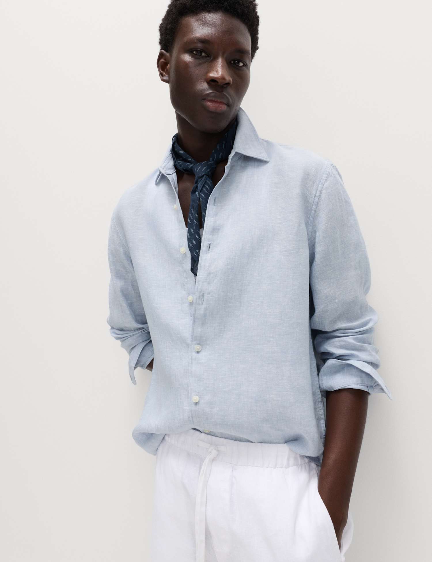 M&S Regular Fit Pure Linen Shirt Light Chambray