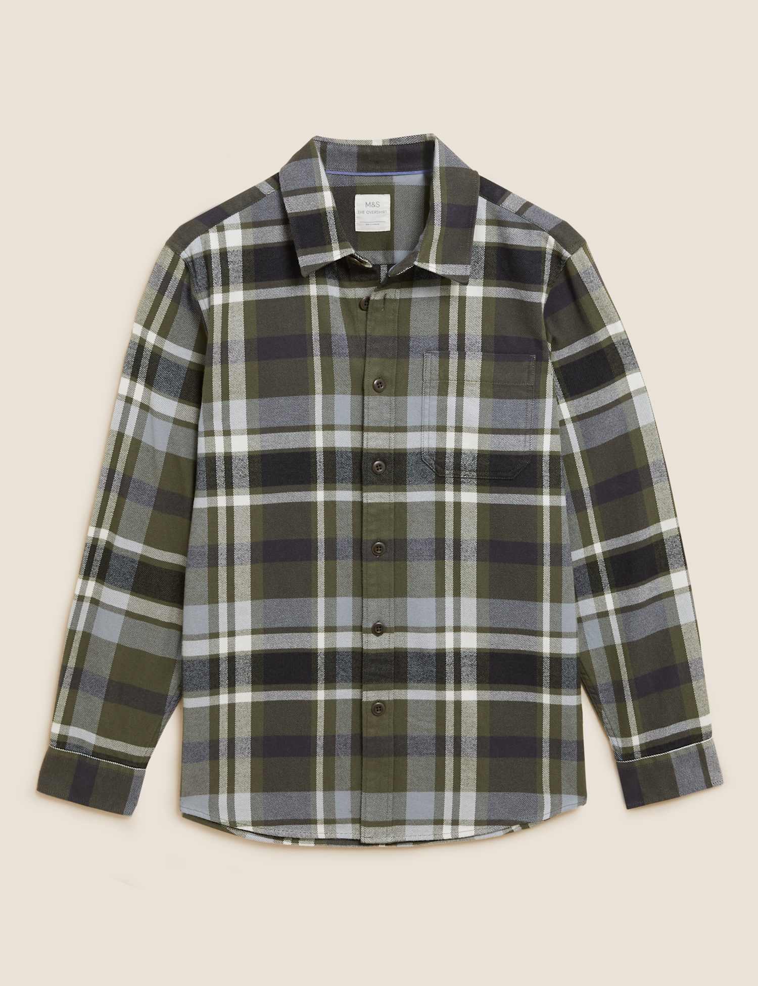 M&S Pure Cotton Check Twill Overshirt Dark Khaki