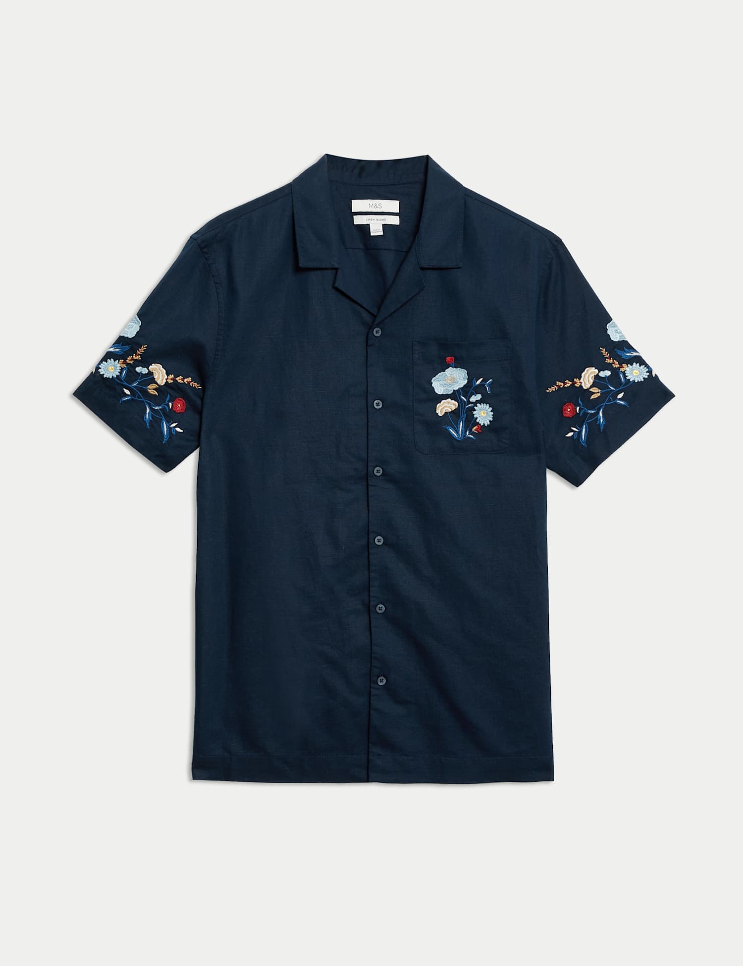 M&S Cotton Linen Blend Cuban Collar Shirt Navy Mix