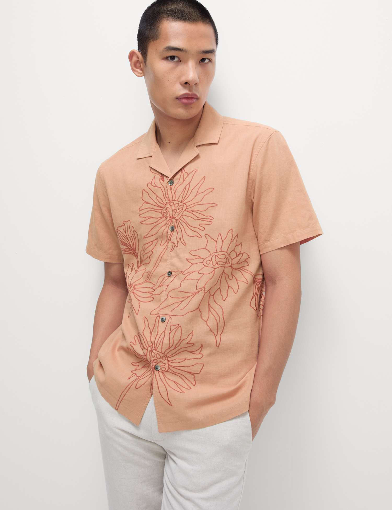 M&S Linen Cotton Floral Embroidery Shirt Orange Mix