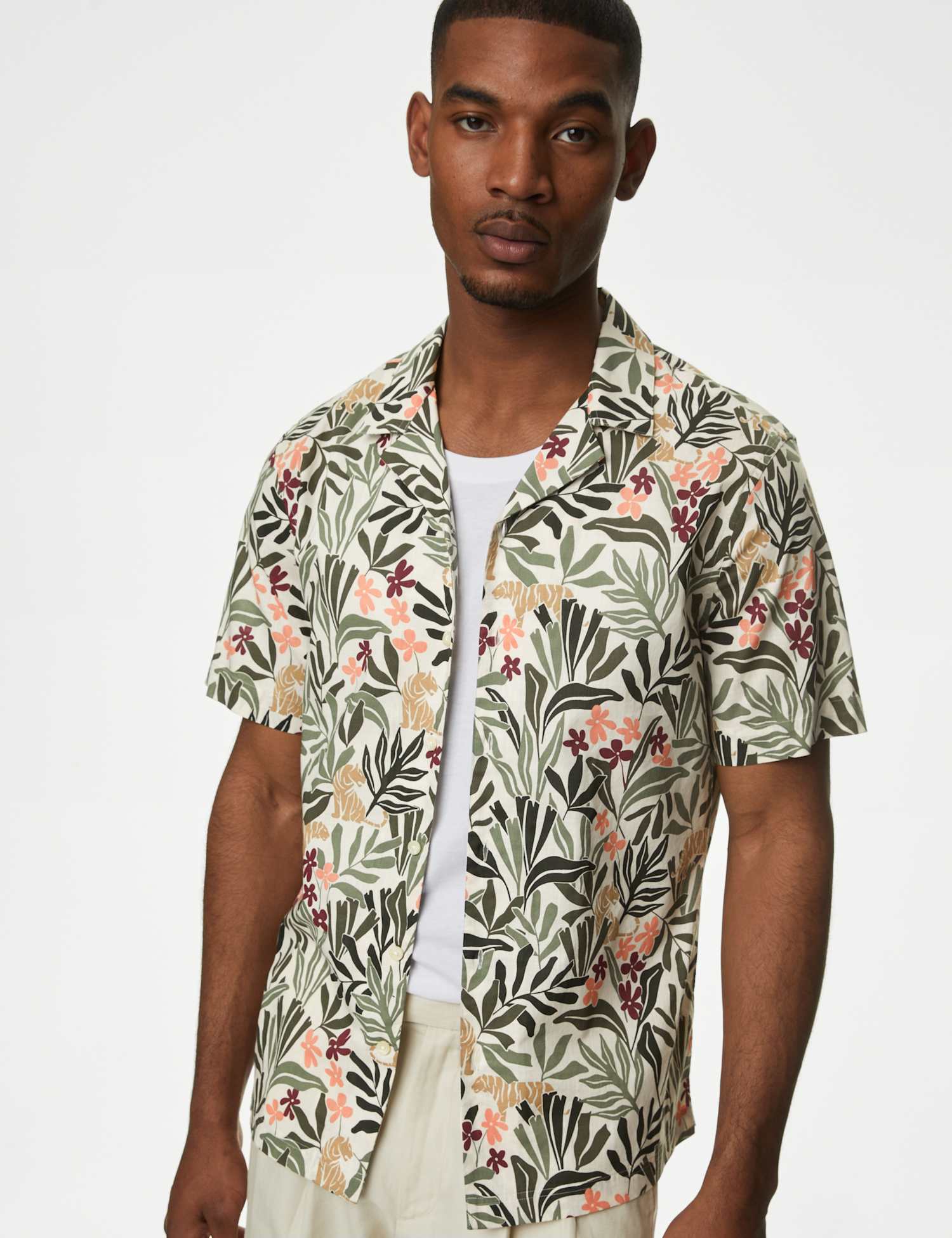 M&S Easy Iron Pure Cotton Cuban Collar Shirt Green Mix