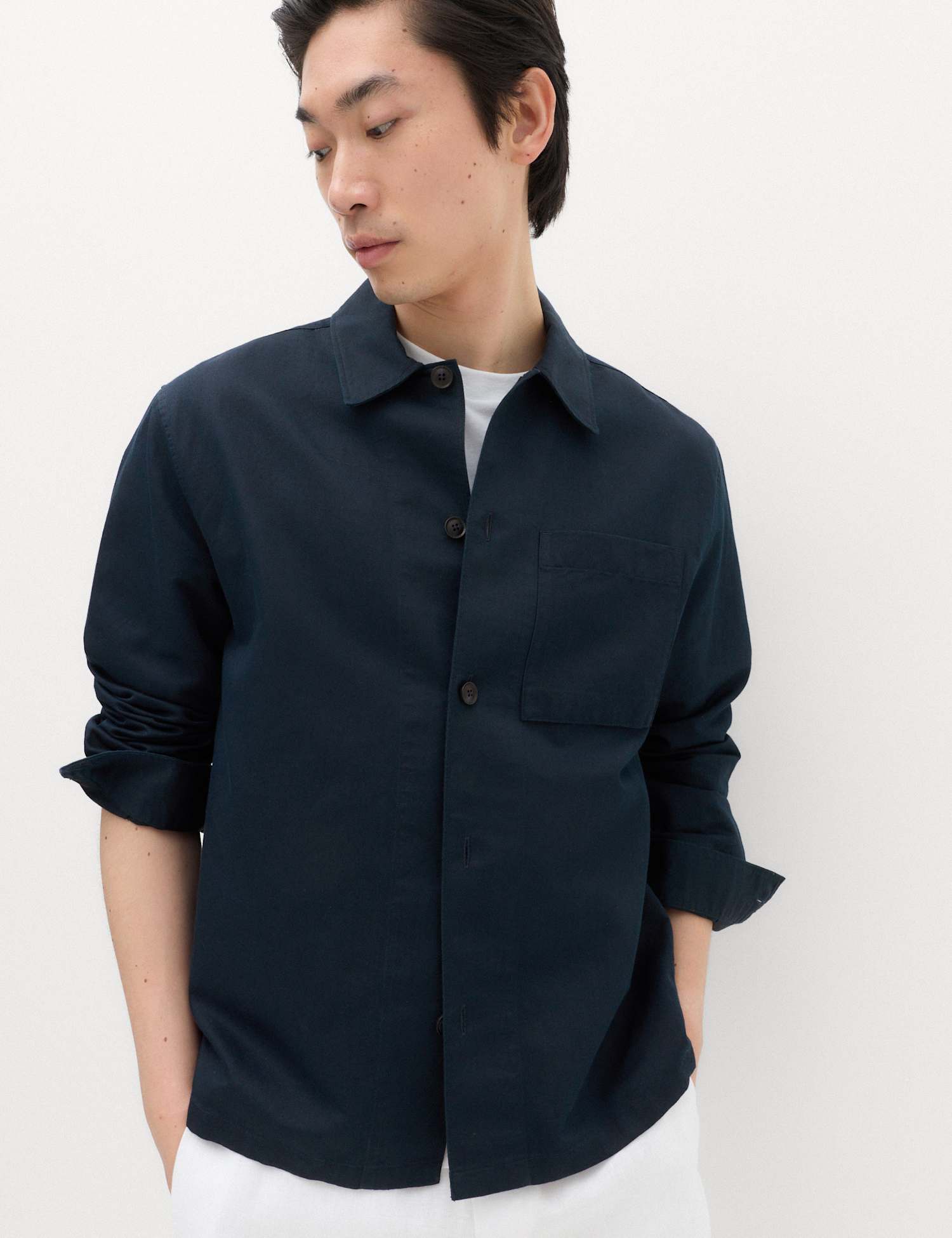 M&S Regular Fit Cotton Linen Blend Overshirt Navy