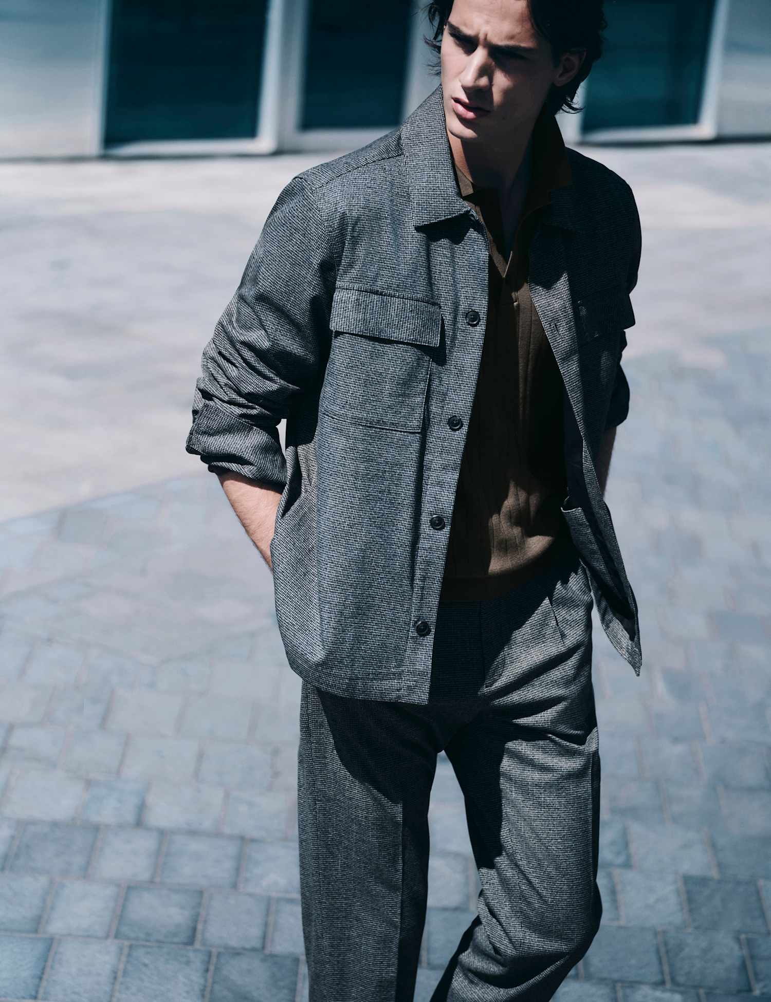 M&S Cotton Rich Puppytooth Overshirt Grey Mix