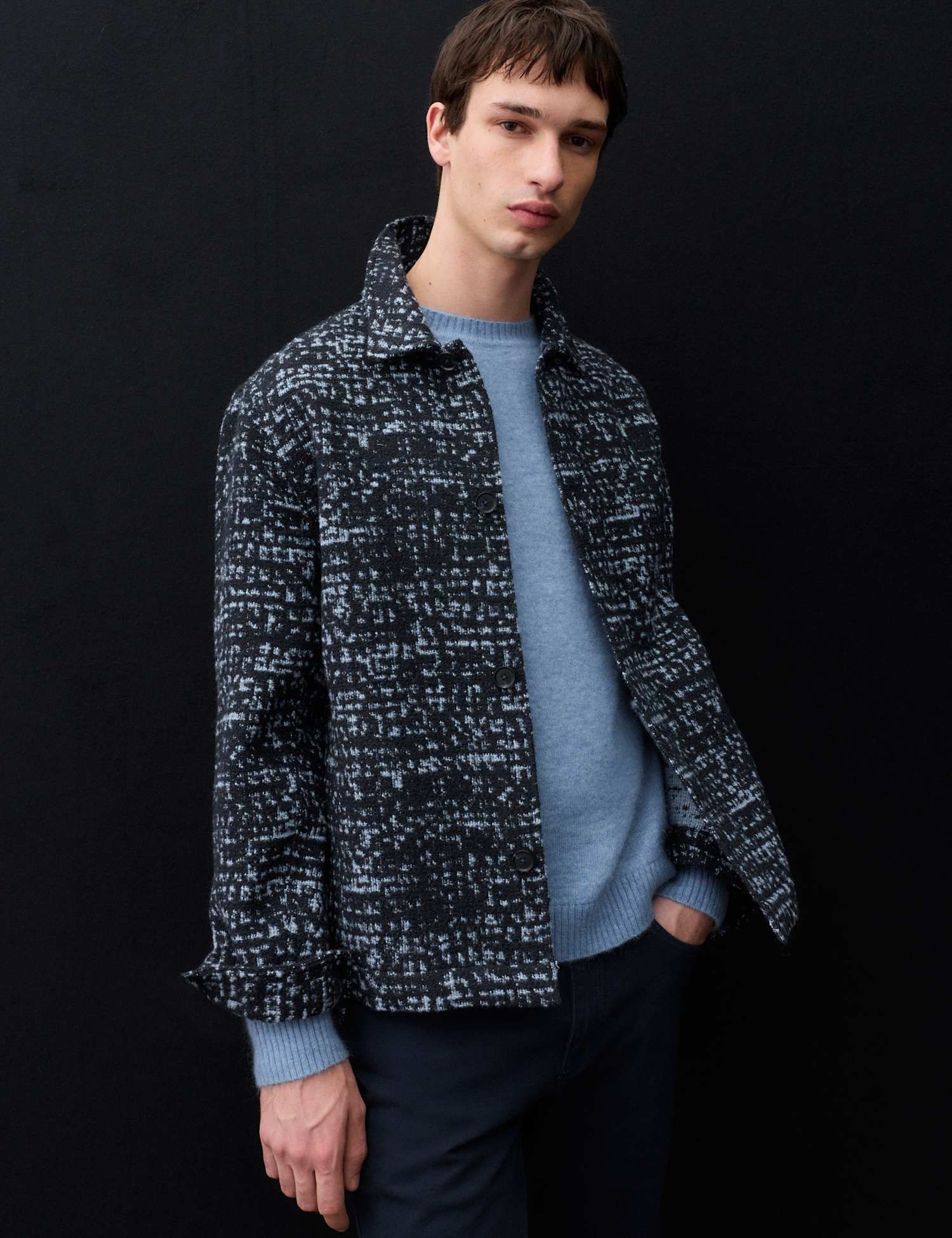 Autograph Regular Fit Wool Blend Textured Overshirt Dark Navy Mix