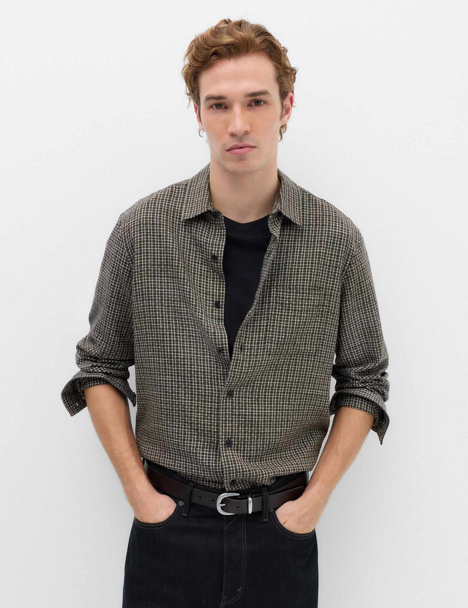 M&S Regular Fit Checked Shirt Khaki Mix