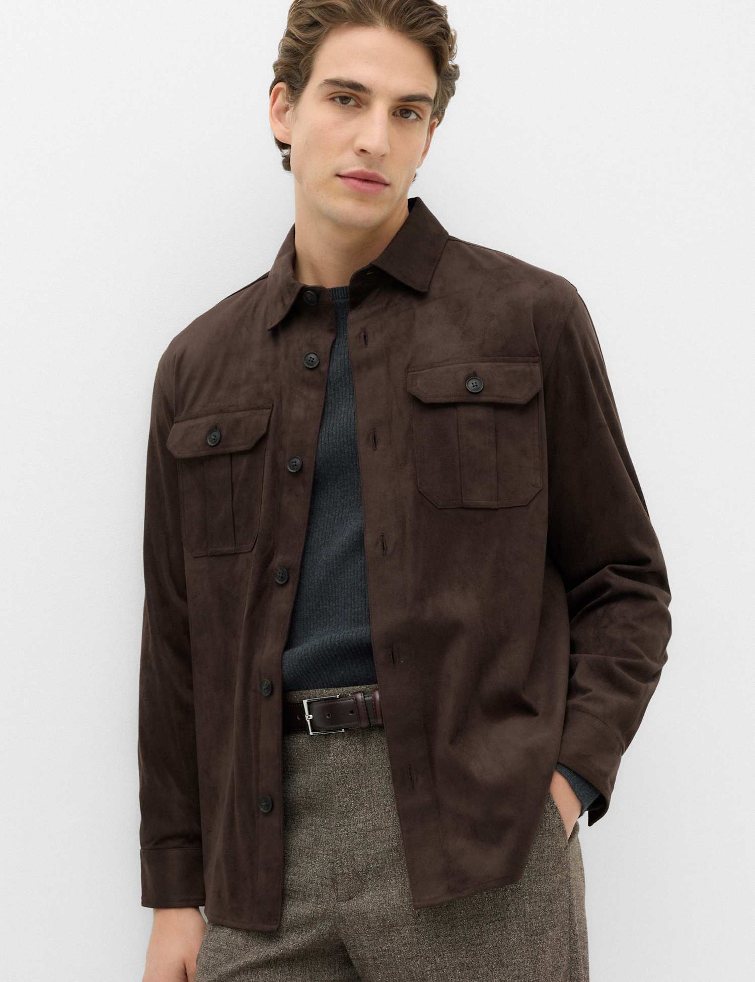 M&S Regular Fit Faux Suede Overshirt Dark Brown
