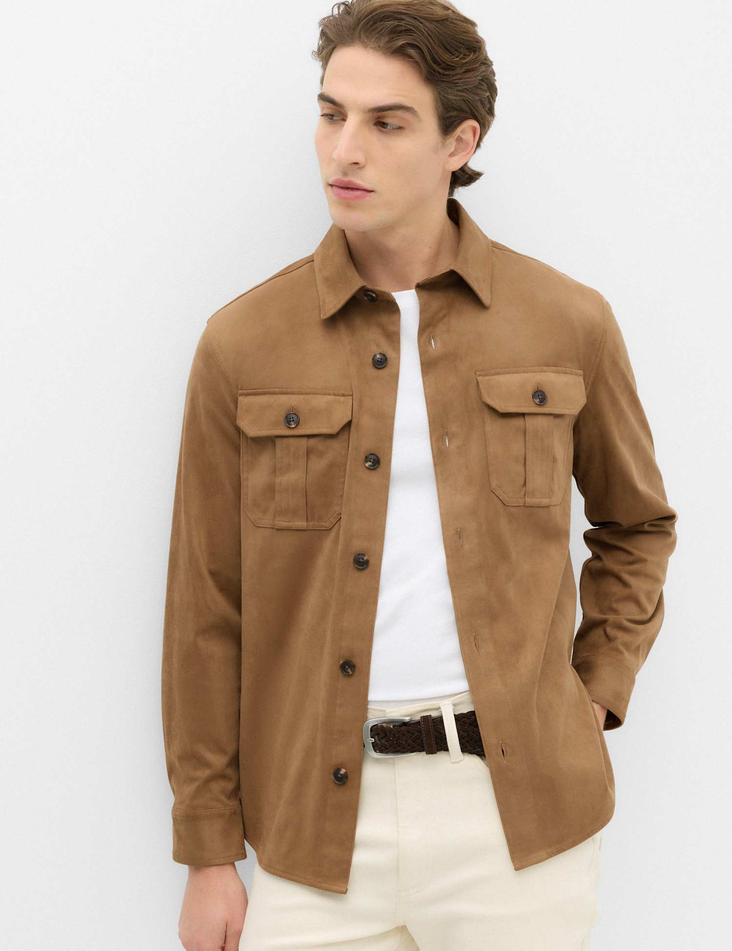 M&S Regular Fit Faux Suede Overshirt Tan