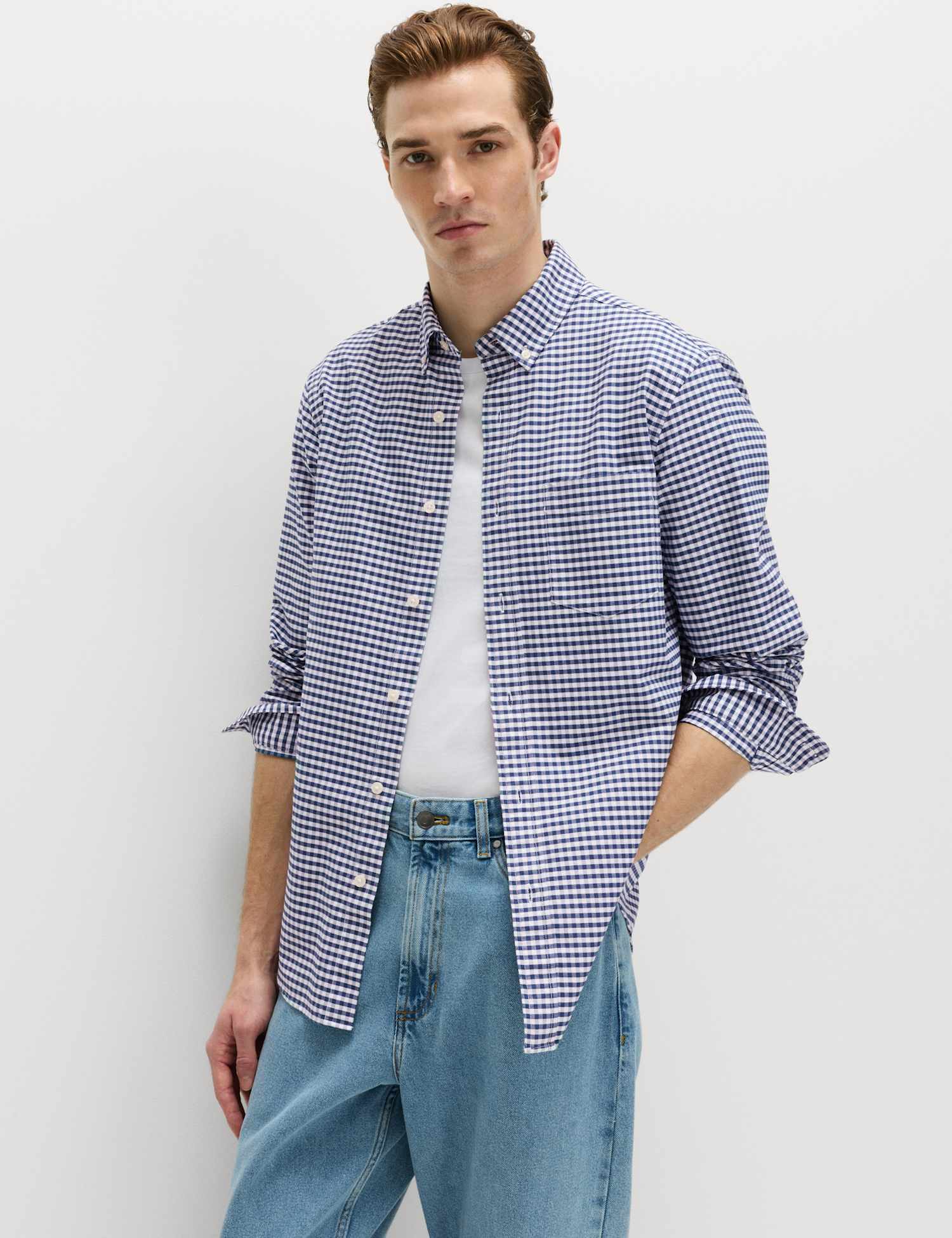 M&S Ultimate Pure Cotton Check Oxford Shirt Navy Mix