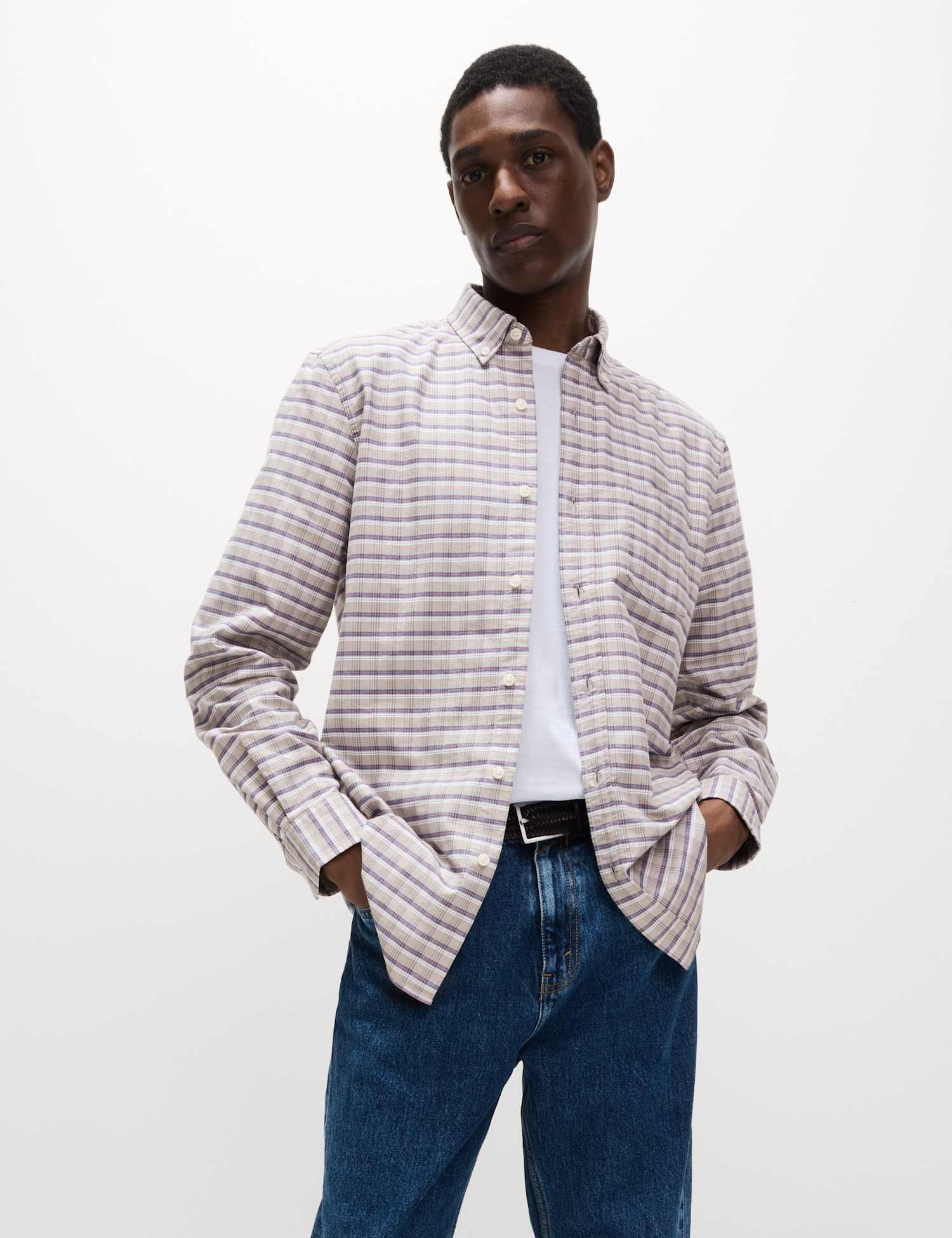 M&S Ultimate Pure Cotton Check Oxford Shirt Natural Mix