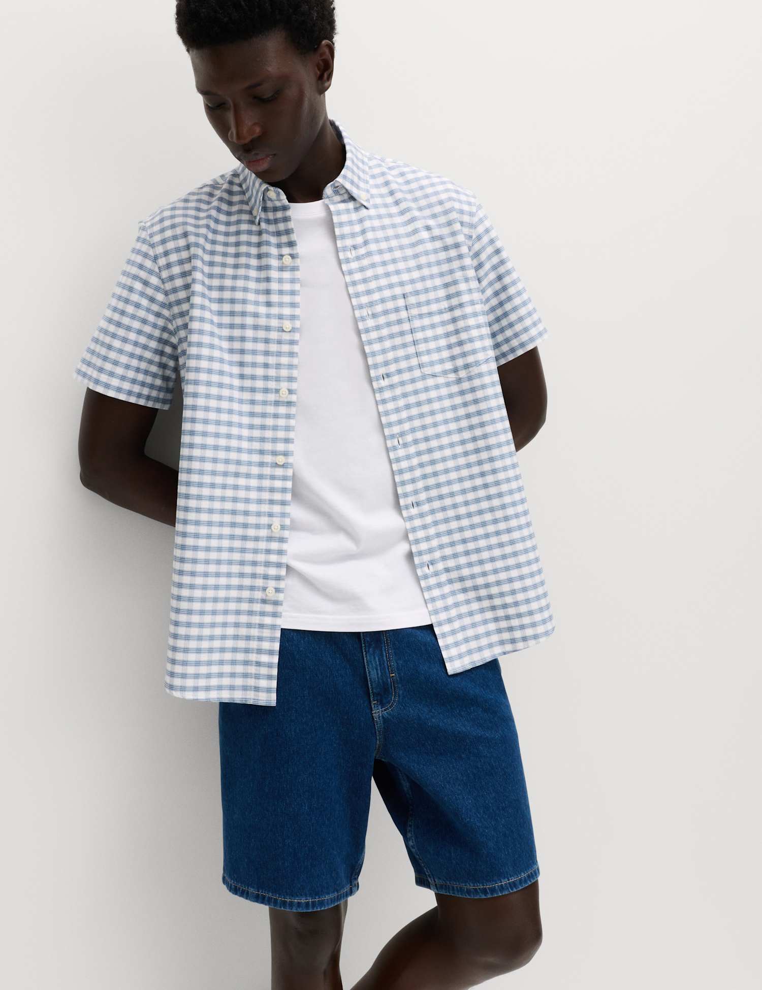 M&S Ultimate Pure Cotton Check Oxford Shirt Blue Mix
